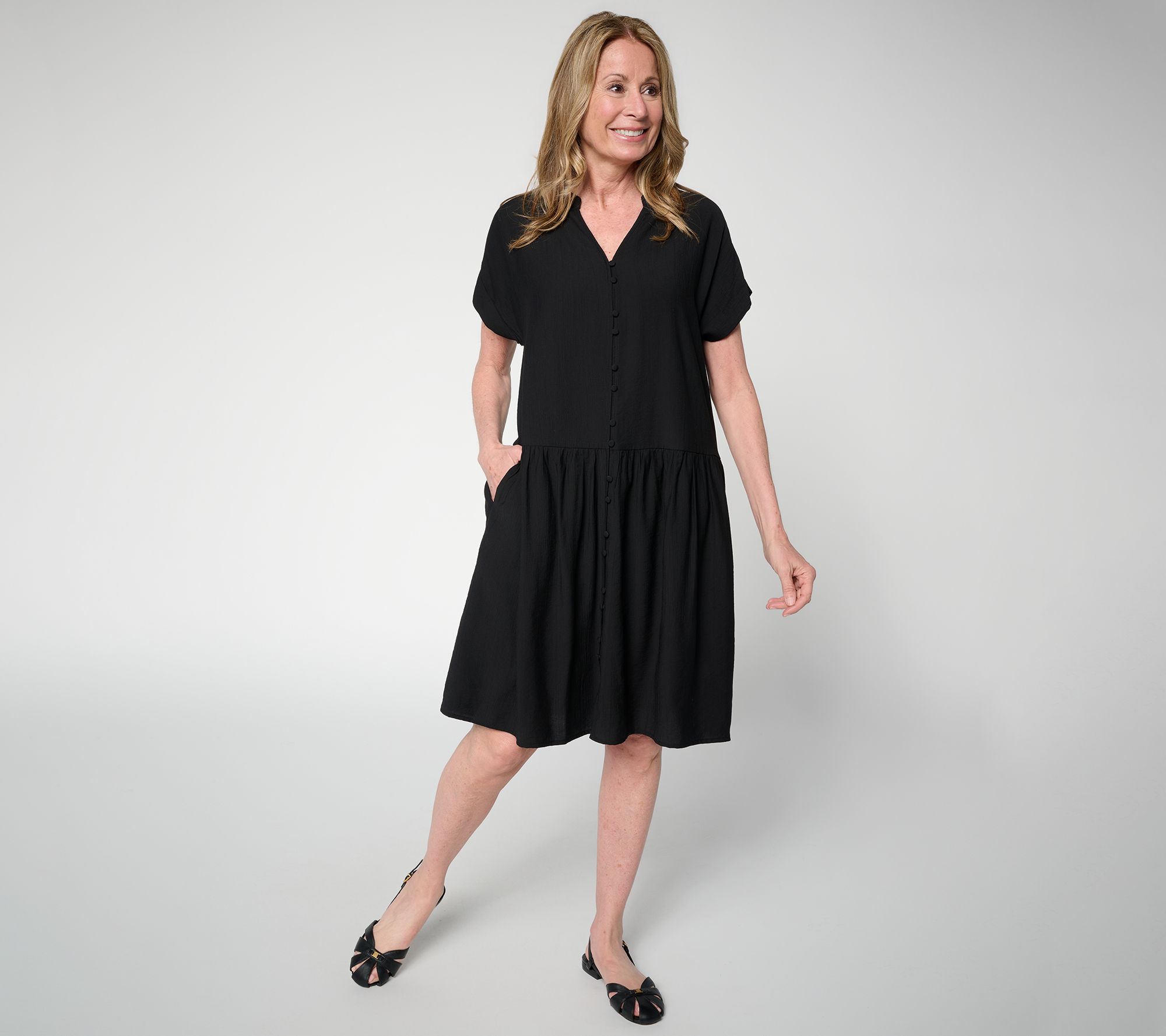 Susan Graver Regular Textured Woven Button Front Dress