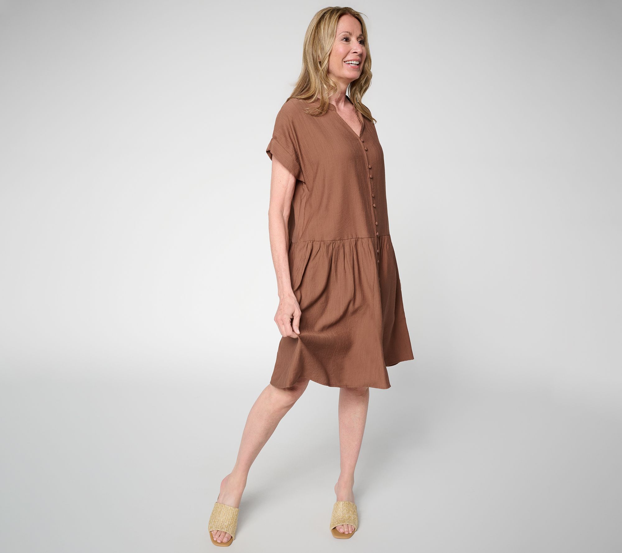 Susan Graver Regular Textured Woven Button Front Dress