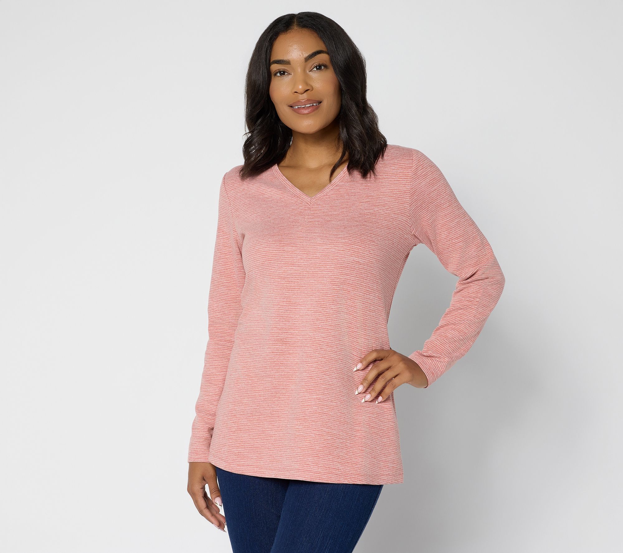 "As Is" Denim & Co. Petite Interlock Striped V-Neck Tunic