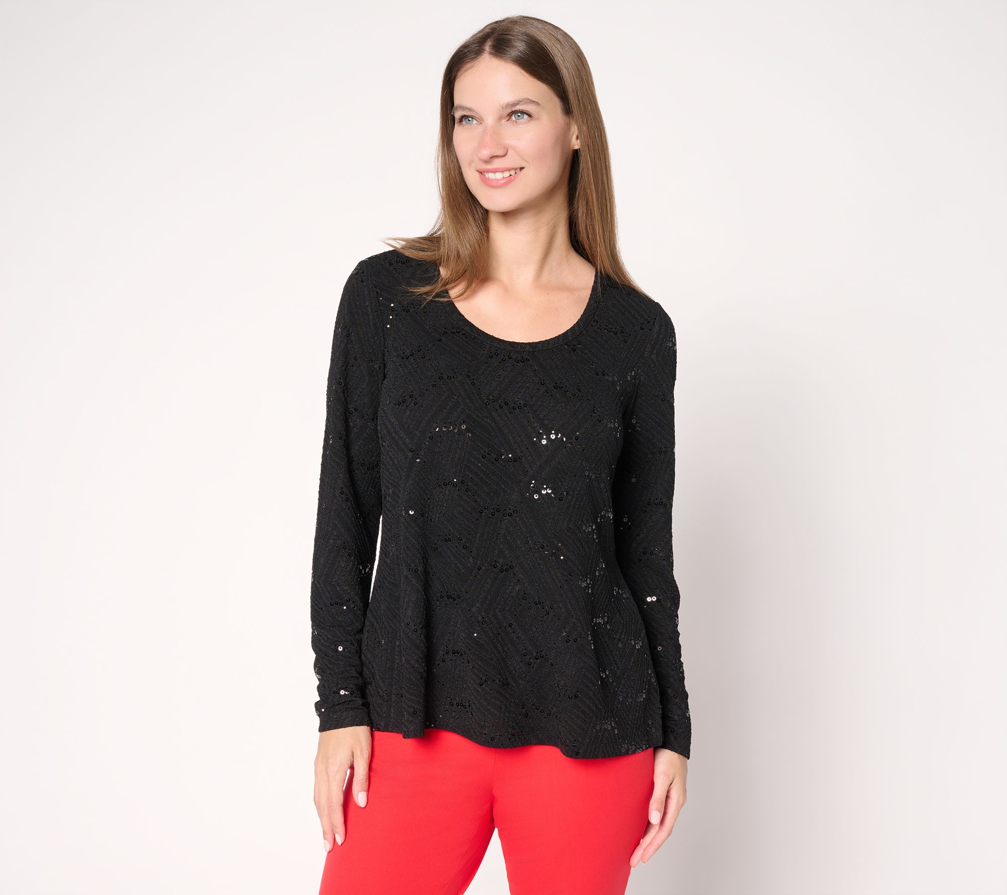 "As Is" Joan Rivers Knit Jacquard Scoopneck Long Sleeve Top