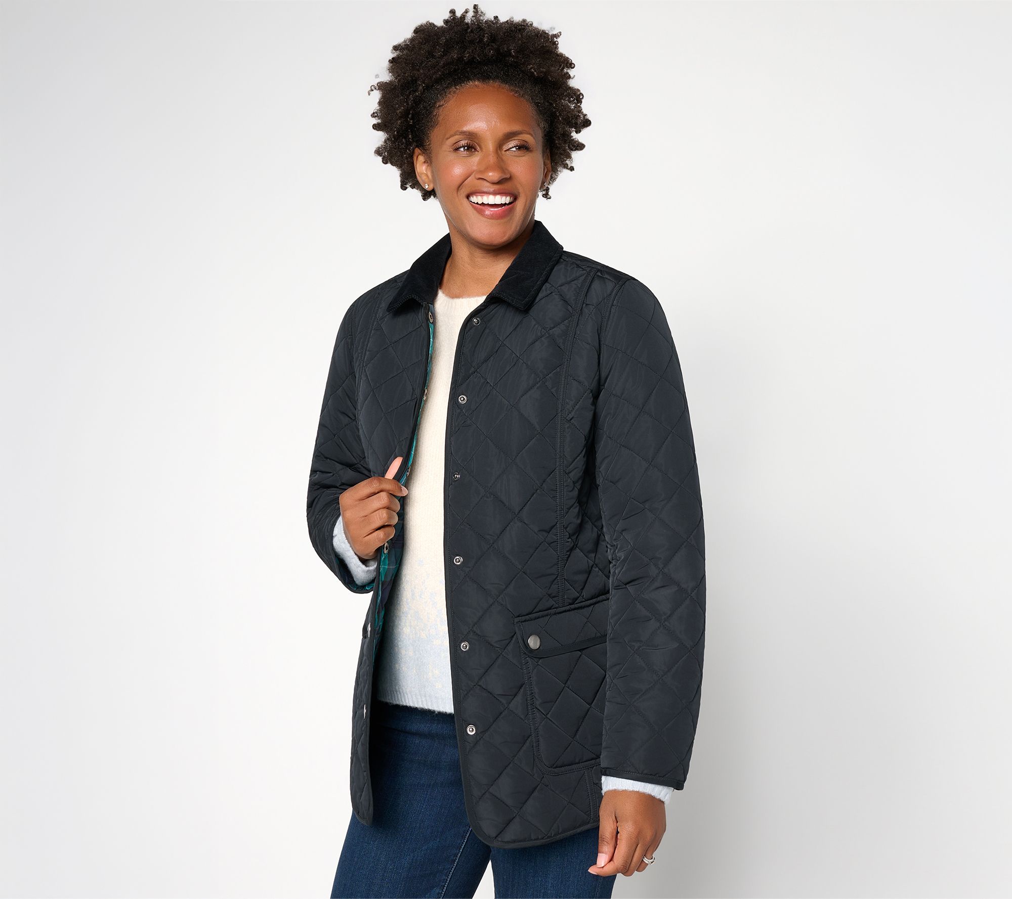  Joan Rivers Petite Quilted Barn Coat with Corduroy Collar