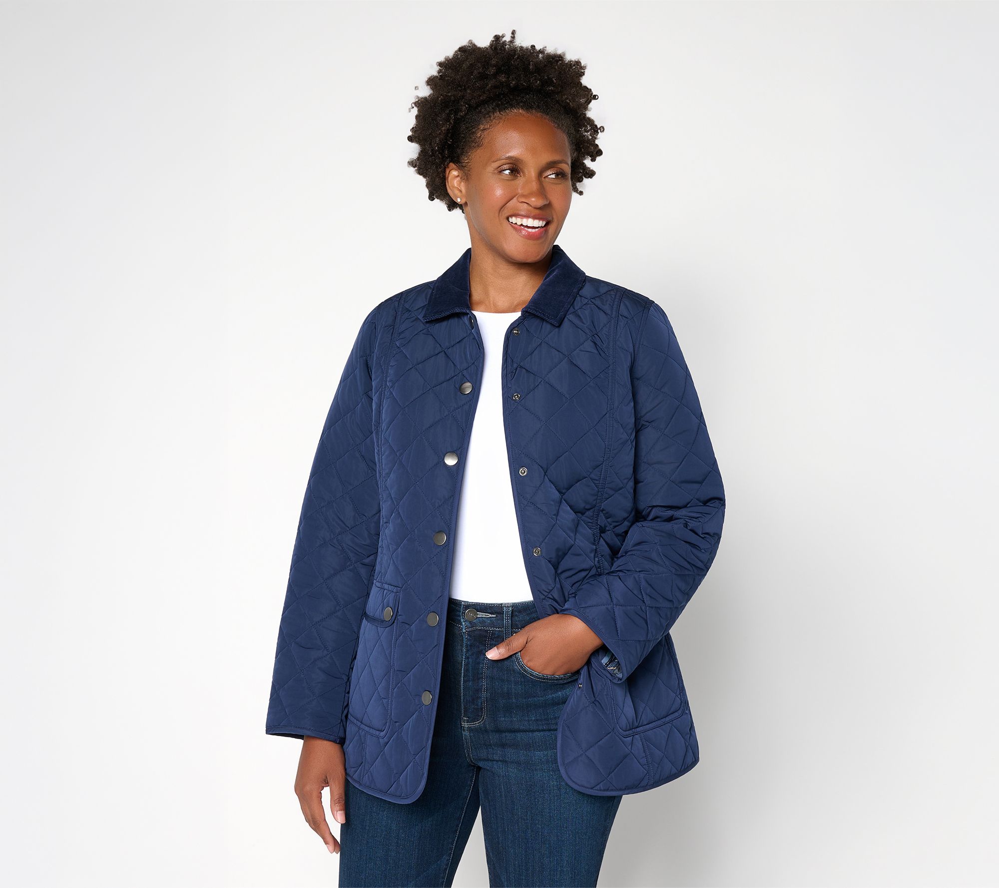 Joan Rivers Petite Quilted Barn Coat with Corduroy Collar
