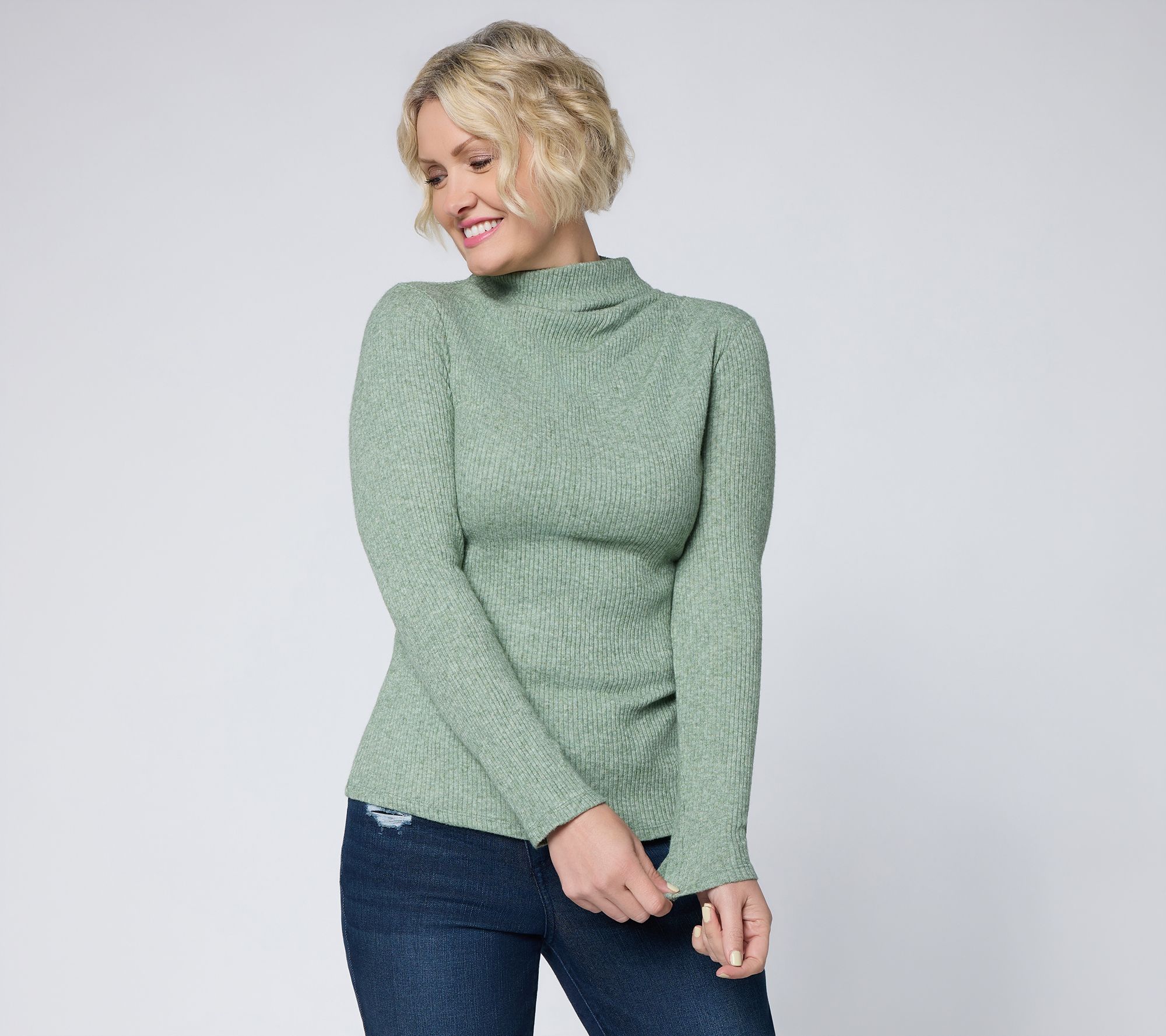 Me Time by Jennie Garth Heathered Knit Drop Shoulder Cowl Neck Top