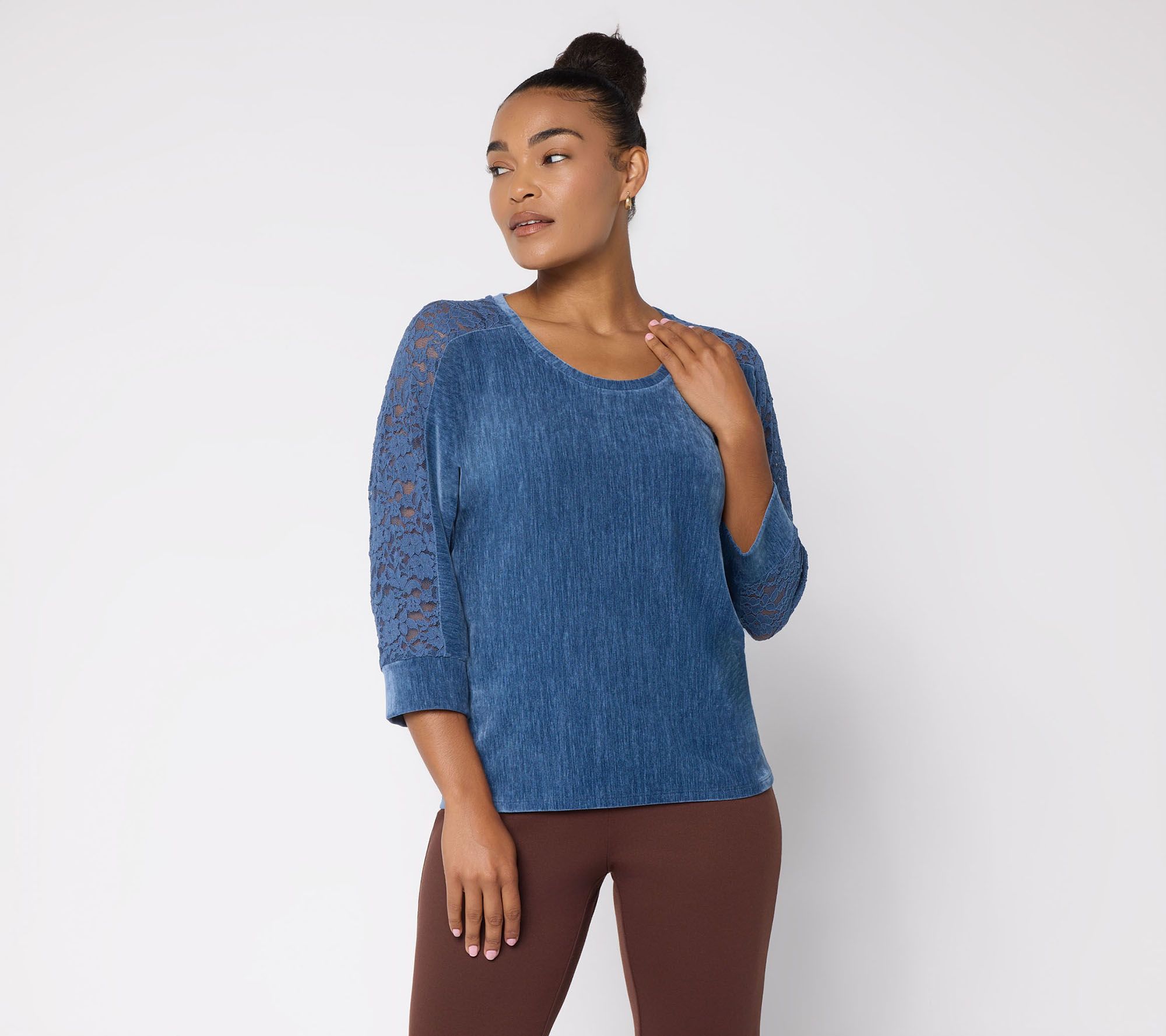  Susan Graver Weekend Chenille Knit Scoop Neck Top w Lace