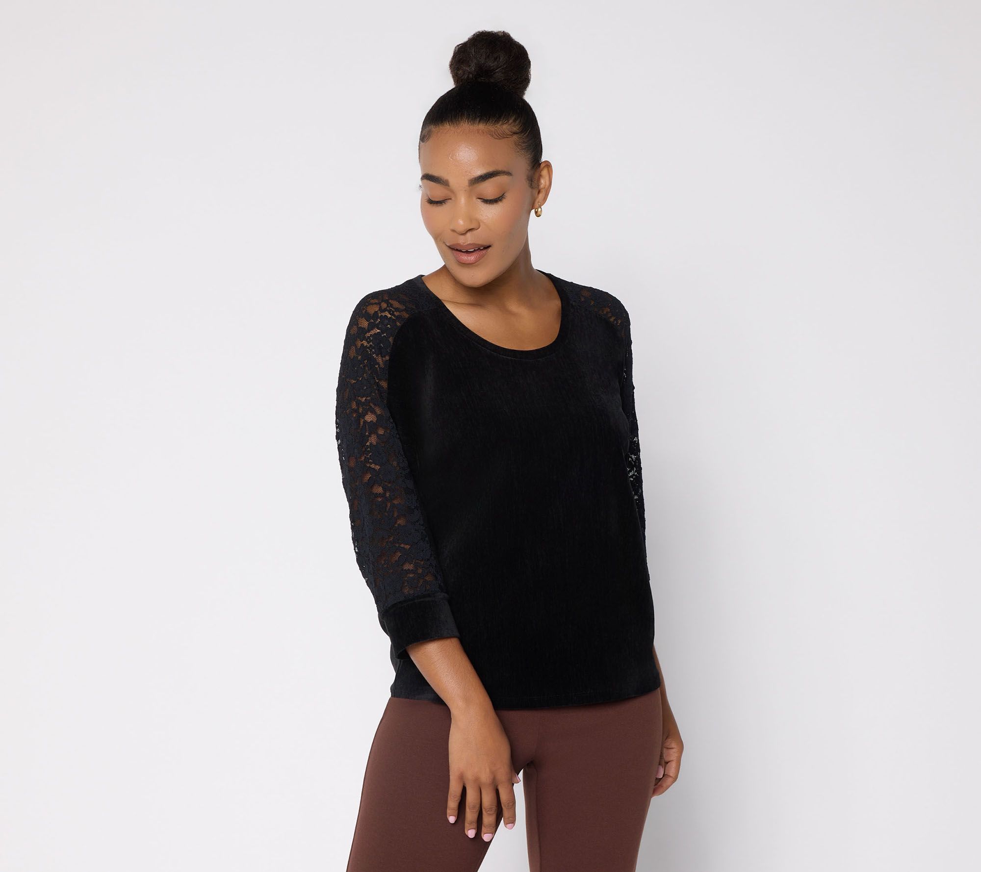 Susan Graver Weekend Chenille Knit Scoop Neck Top w Lace