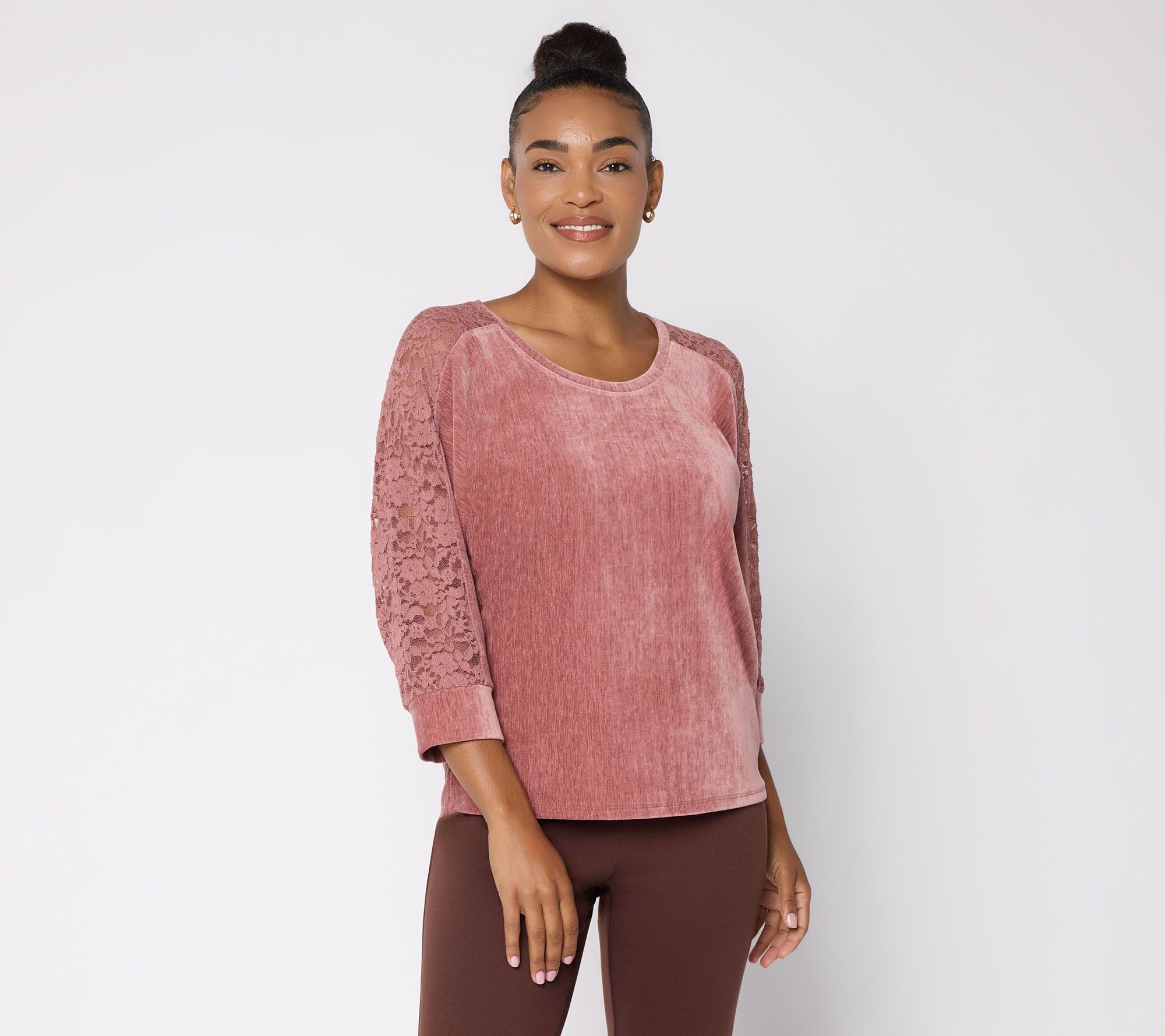 Susan Graver Weekend Chenille Knit Scoop Neck Top w Lace