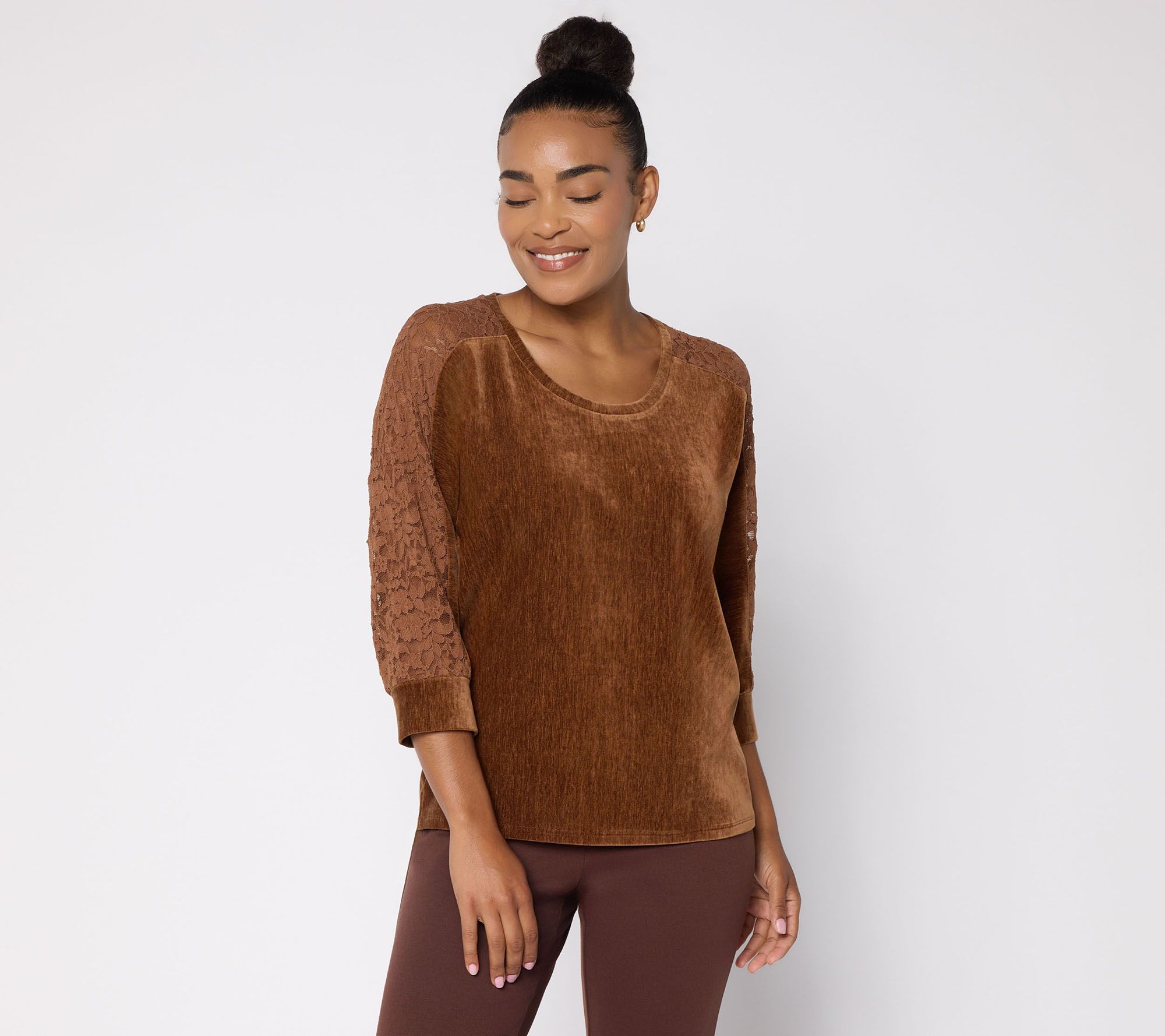 Susan Graver Weekend Chenille Knit Scoop Neck Top w Lace