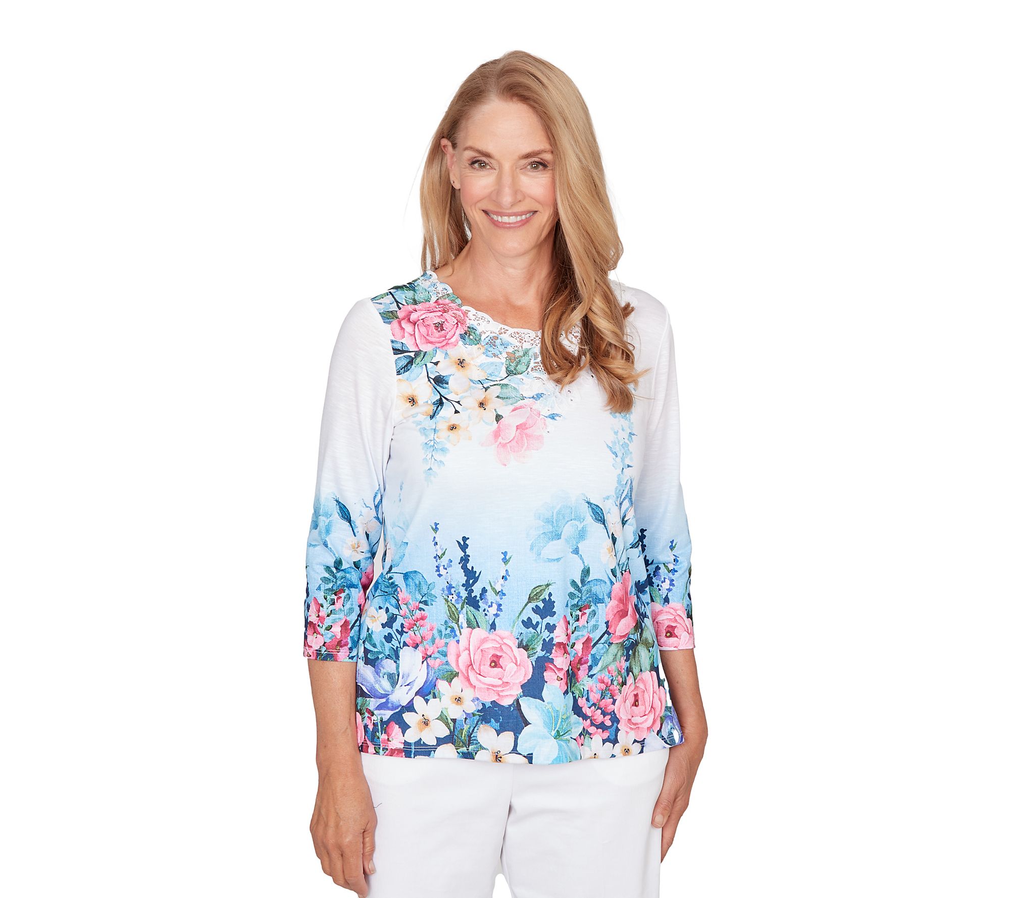 Alfred Dunner Petite Ombre Border Floral Lace Top