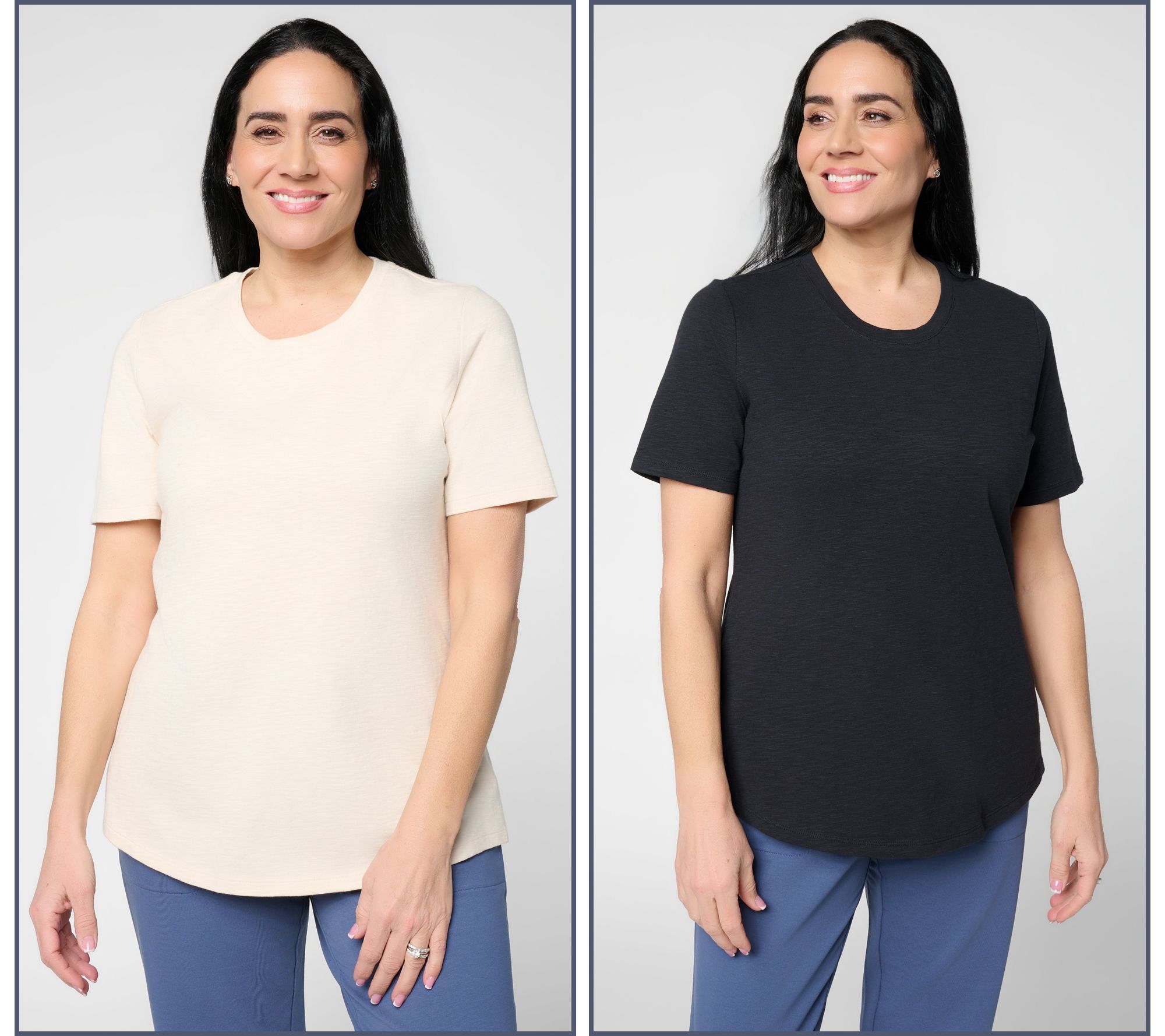 "As Is" Denim & Co. Essentials 2-Pack Textured Knit Tops w/ Shirttail Hem