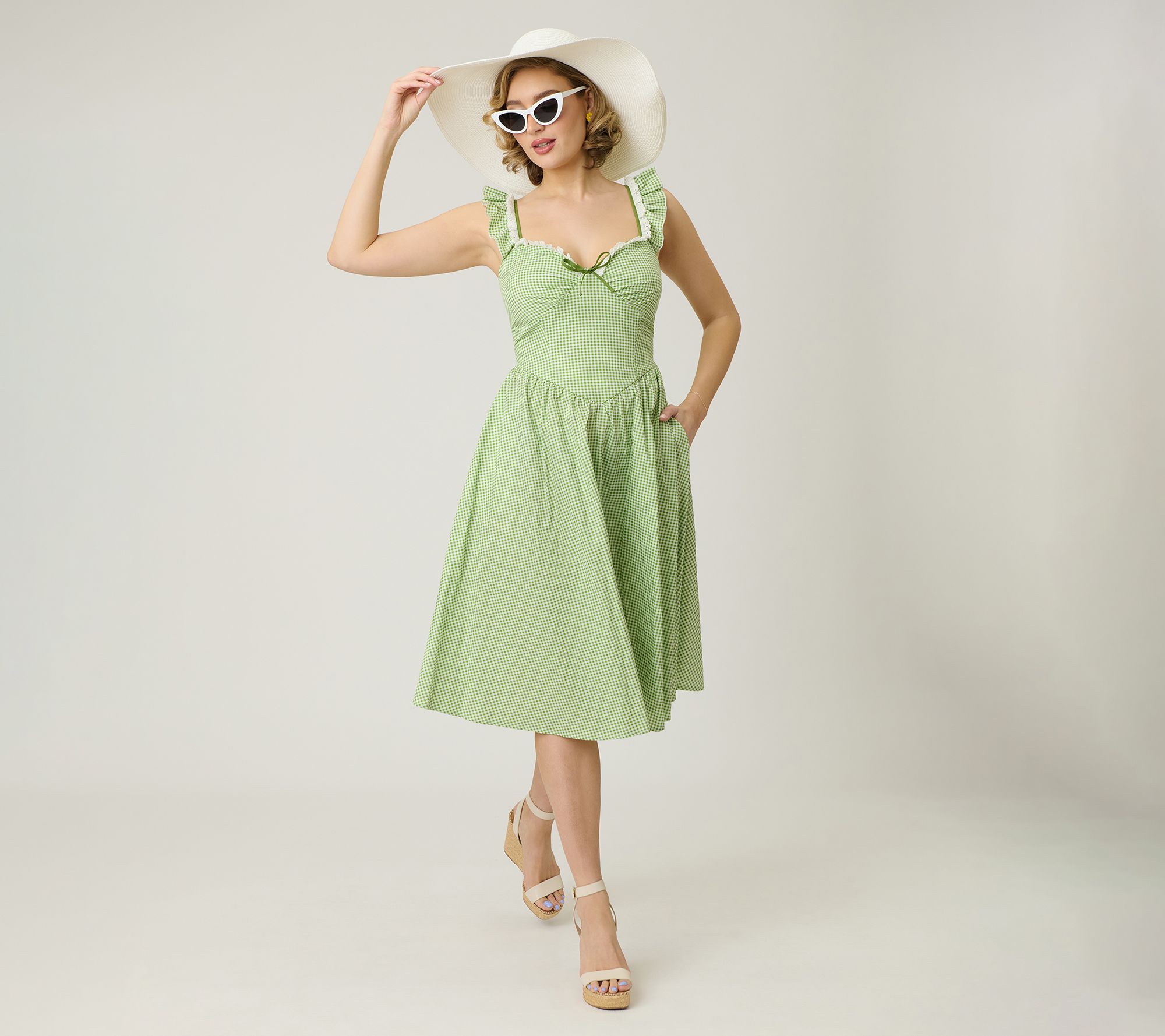 Unique Vintage Green Gingham Sweetheart FlutterSwing Dress