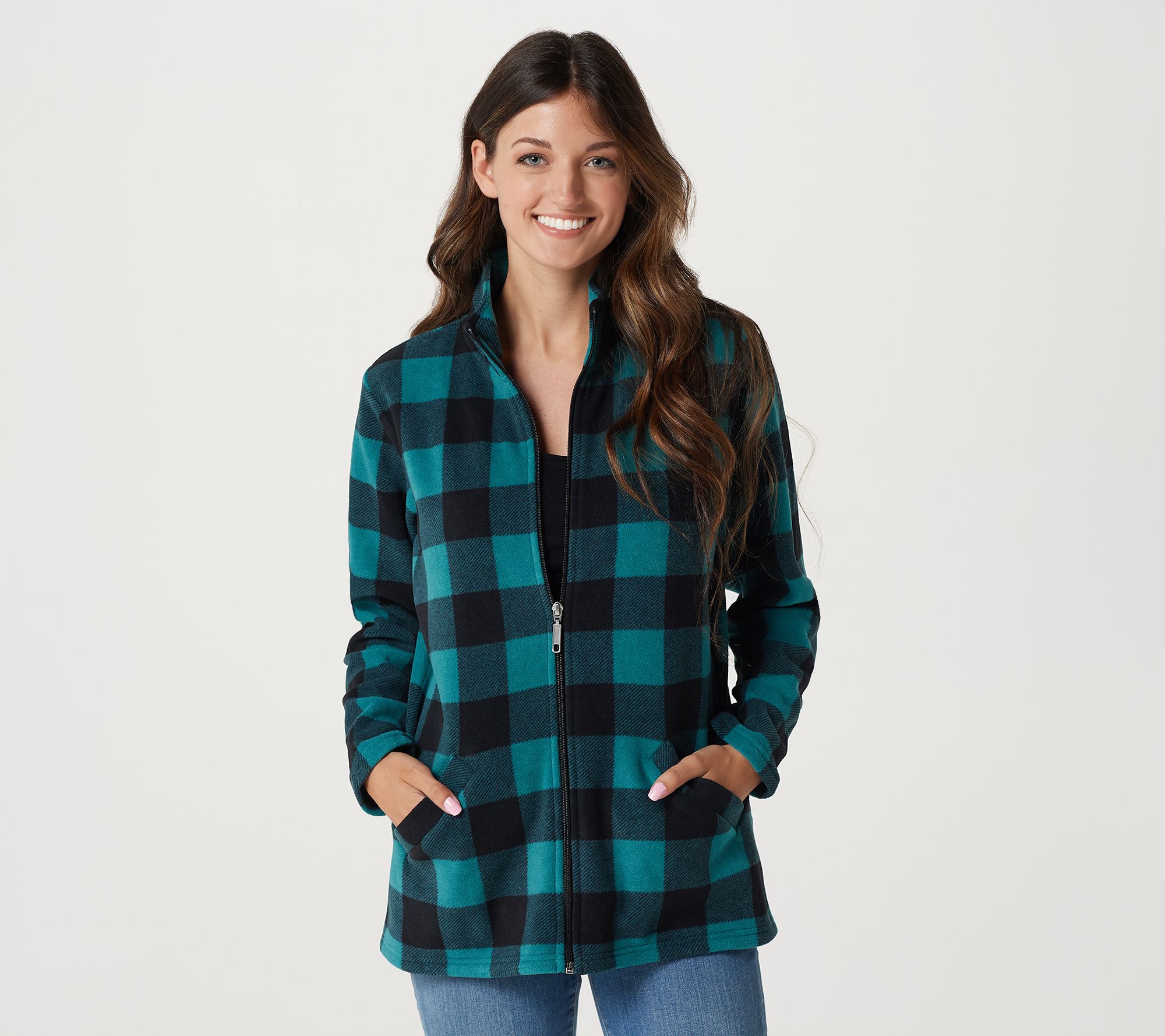 Denim & Co. Printed Fleece Zip Front Long Sleeve Jacket with Pockets