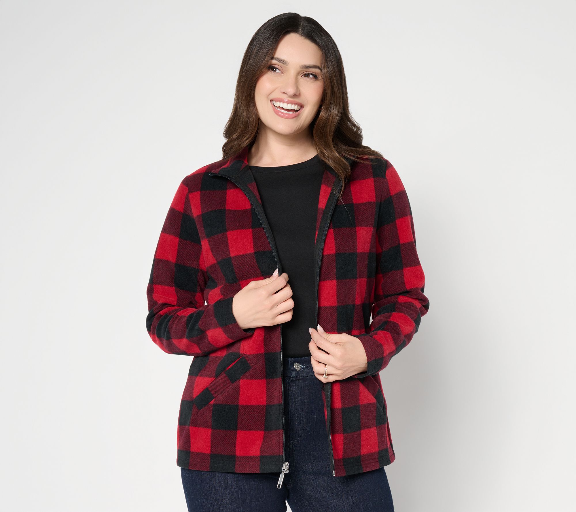 Denim & Co. Printed Fleece Zip Front Long Sleeve Jacket with Pockets