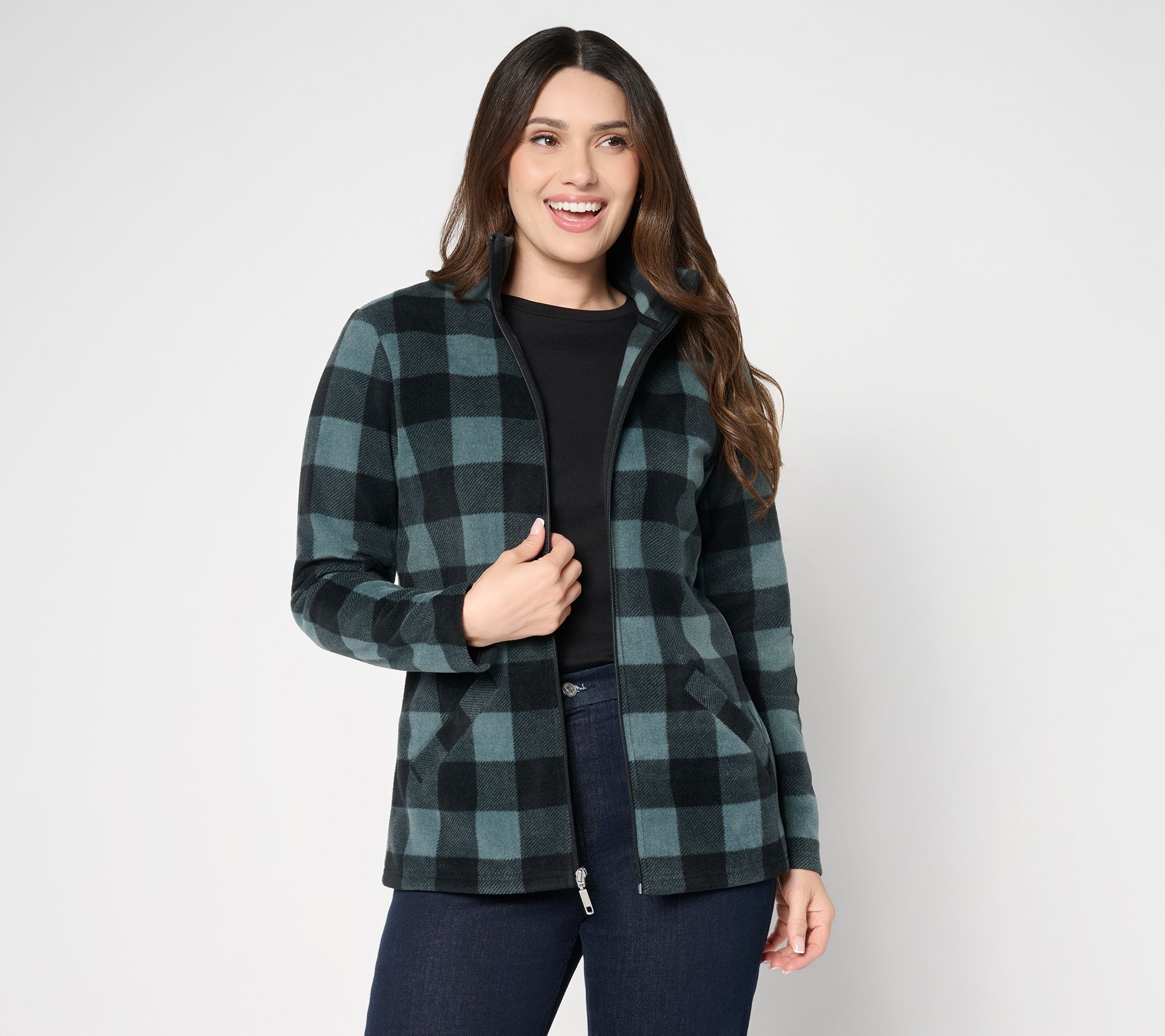 Denim & Co. Printed Fleece Zip Front Long Sleeve Jacket with Pockets