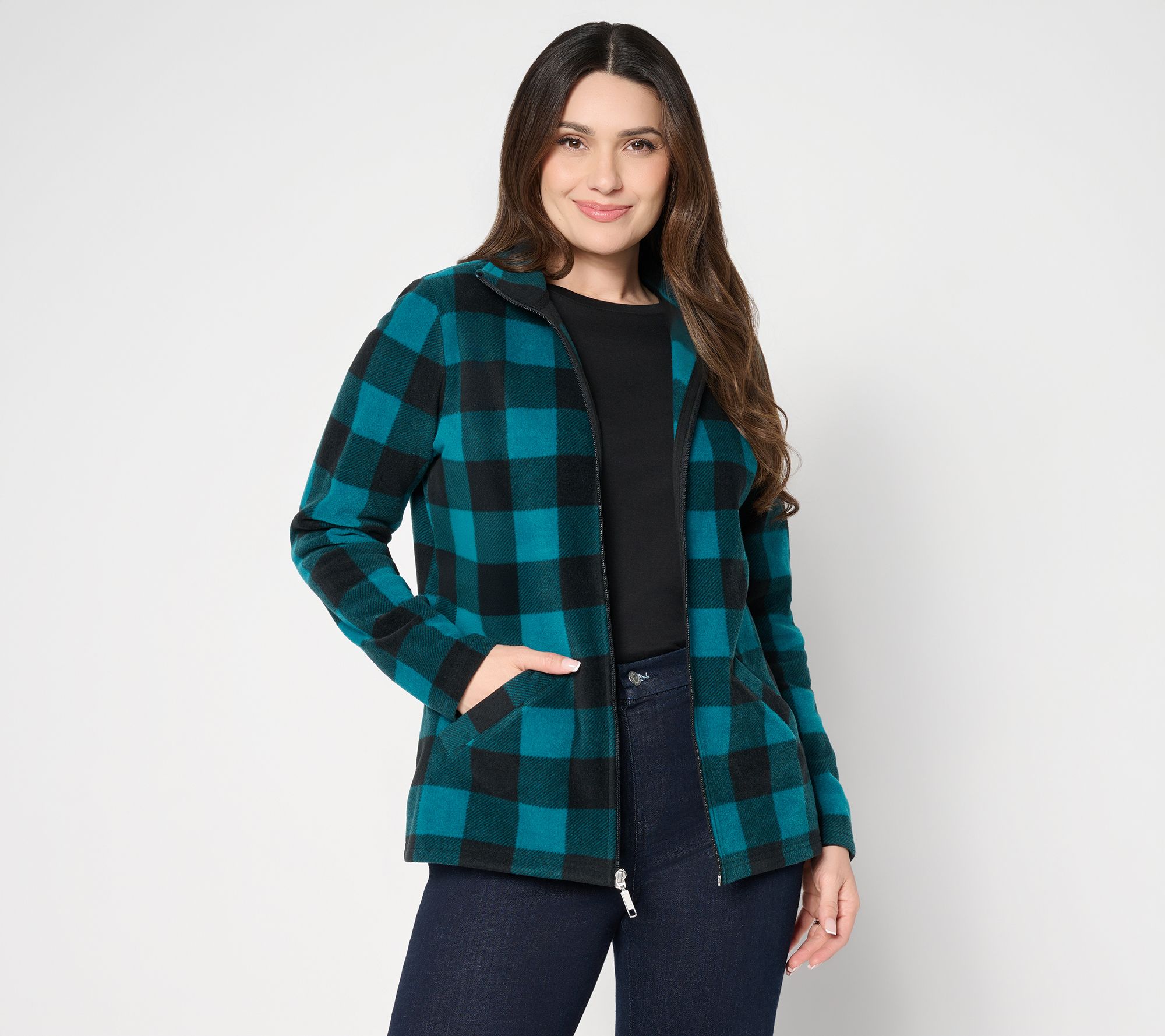 Denim & Co. Printed Fleece Zip Front Long Sleeve Jacket with Pockets