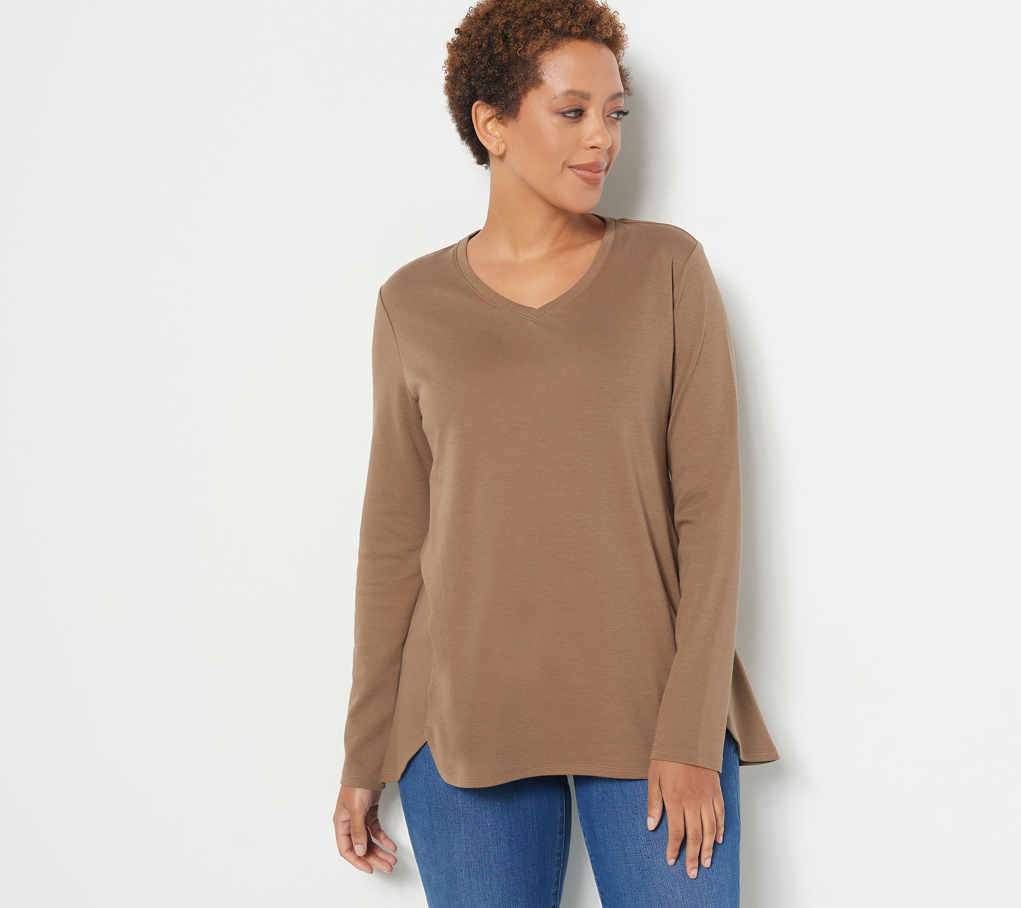 Isaac Mizrahi Live! Essentials Pima Cotton V-Neck Hi-Low Hem Top