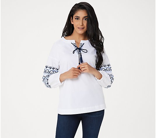 BROOKE SHIELDS Timeless Denim Peasant Top With White Embroidery