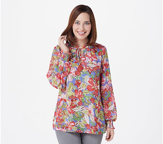 Belle by Kim Gravel Floral Print Blouse with Beaded Tassels