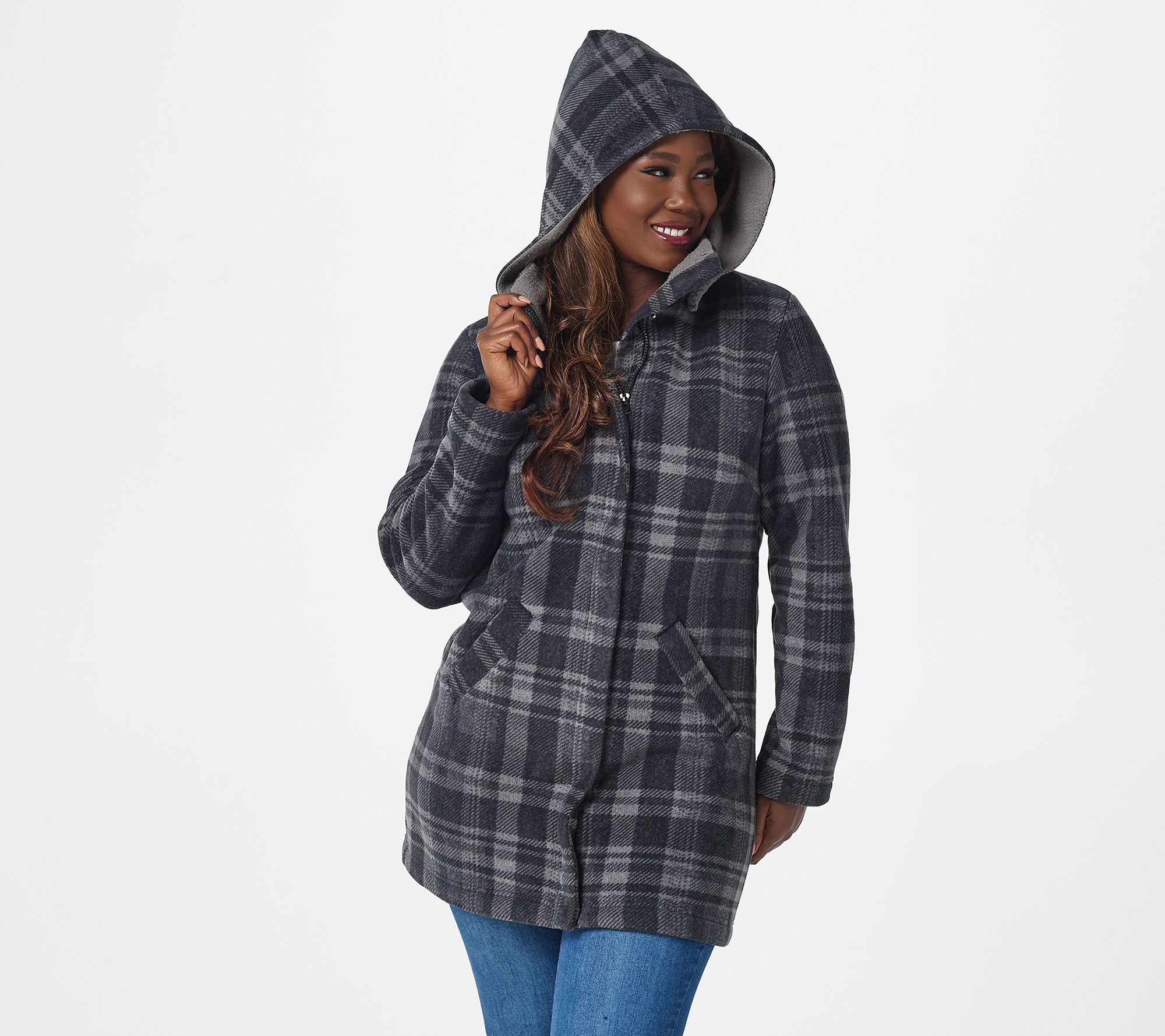 "As Is" Denim & Co. Regular Fleece Bonded to Sherpa Coat w/ Hood