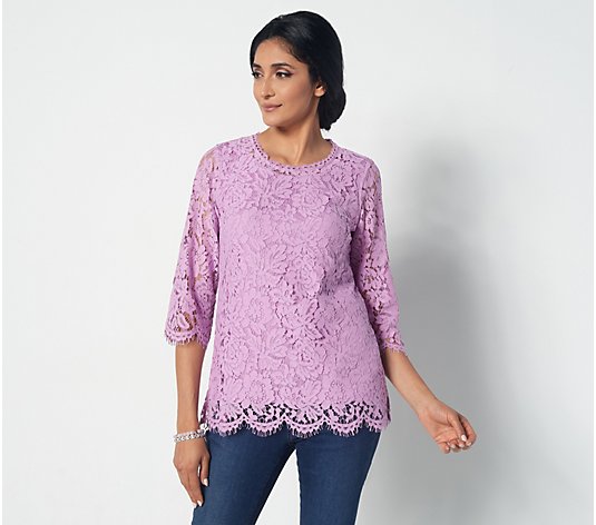 Isaac Mizrahi Live! Lace Crew-Neck with 3/4 Sleeves