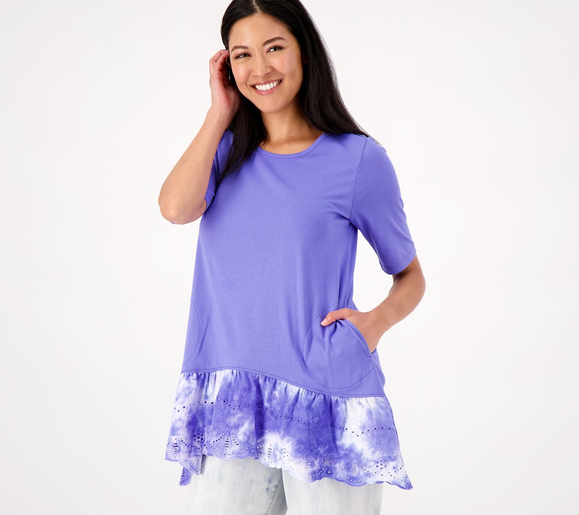LOGO by Lori Goldstein Cotton Modal Top With Tie - Dye Eyelet Hem