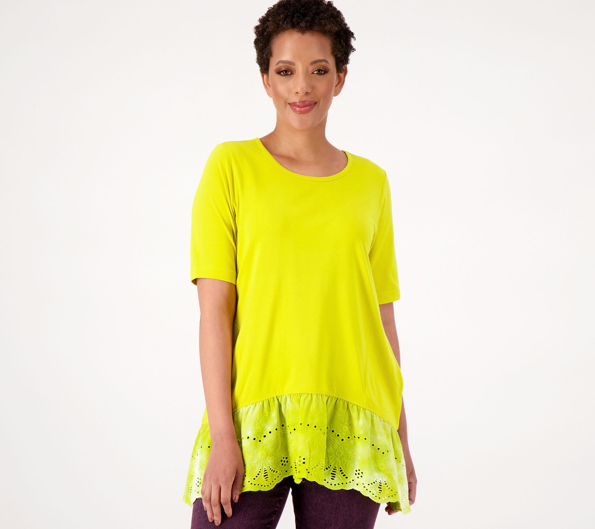 LOGO by Lori Goldstein Cotton Modal Top With Tie - Dye Eyelet Hem