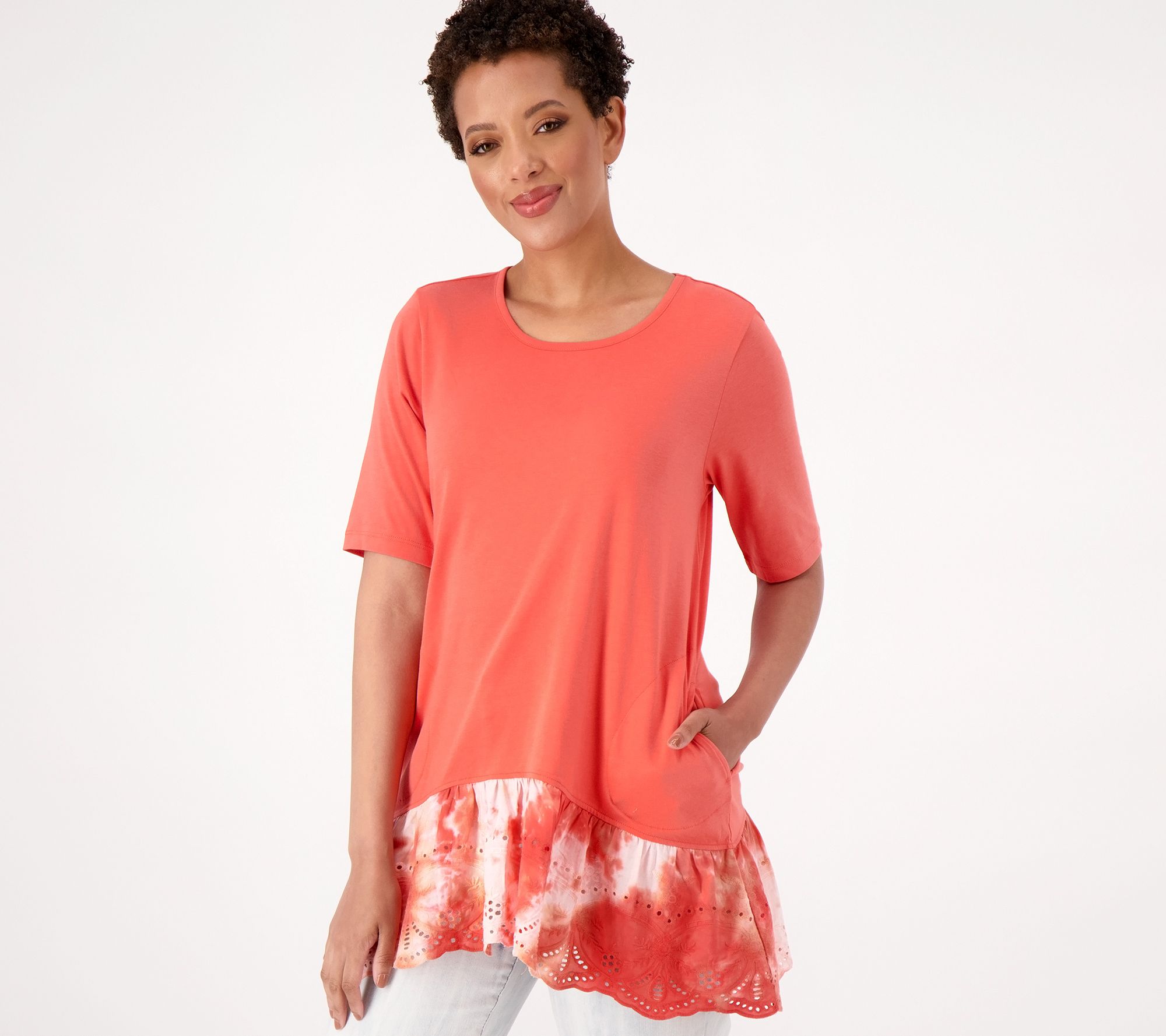 LOGO by Lori Goldstein Cotton Modal Top With Tie - Dye Eyelet Hem