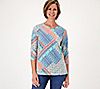 Denim & Co. Canyon Retreat 3/4 Sleeve Texture Knit Printed Top