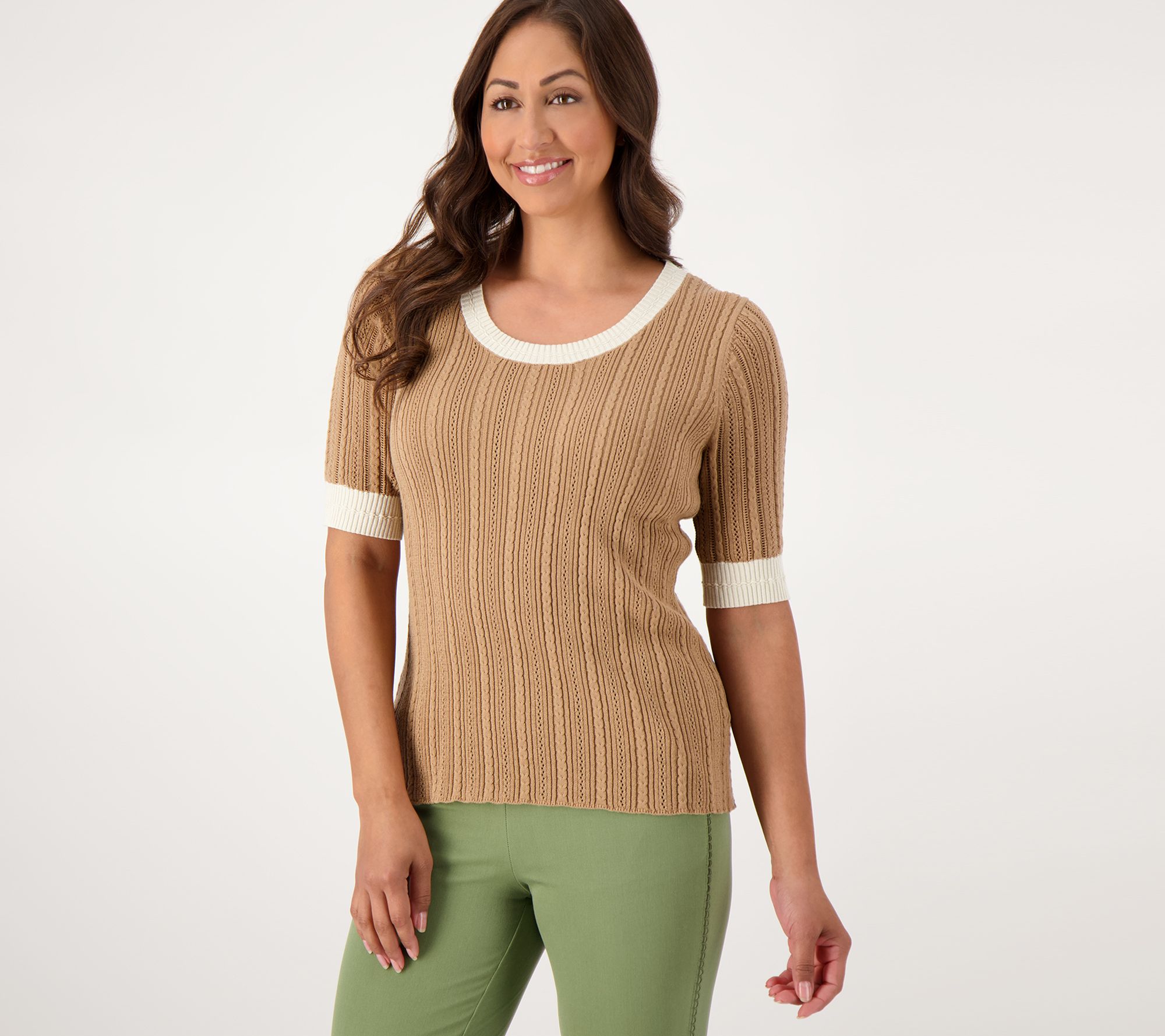 "As Is" Isaac Mizrahi Live Ribbed Pointelle Scoop Neck Sweater