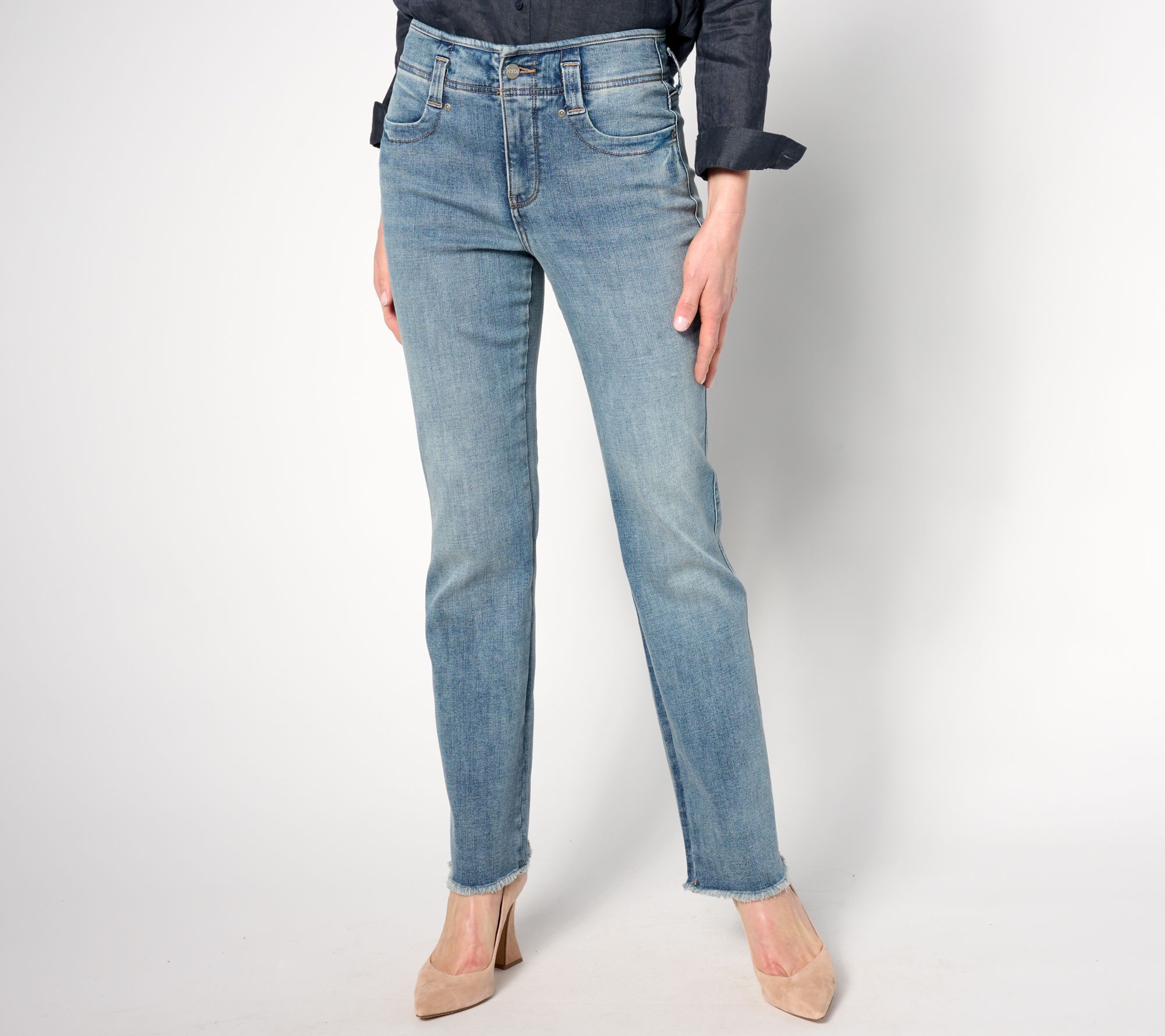 NYDJ High Rise Marilyn Straight Jeans with Frayed Hem-Paddington