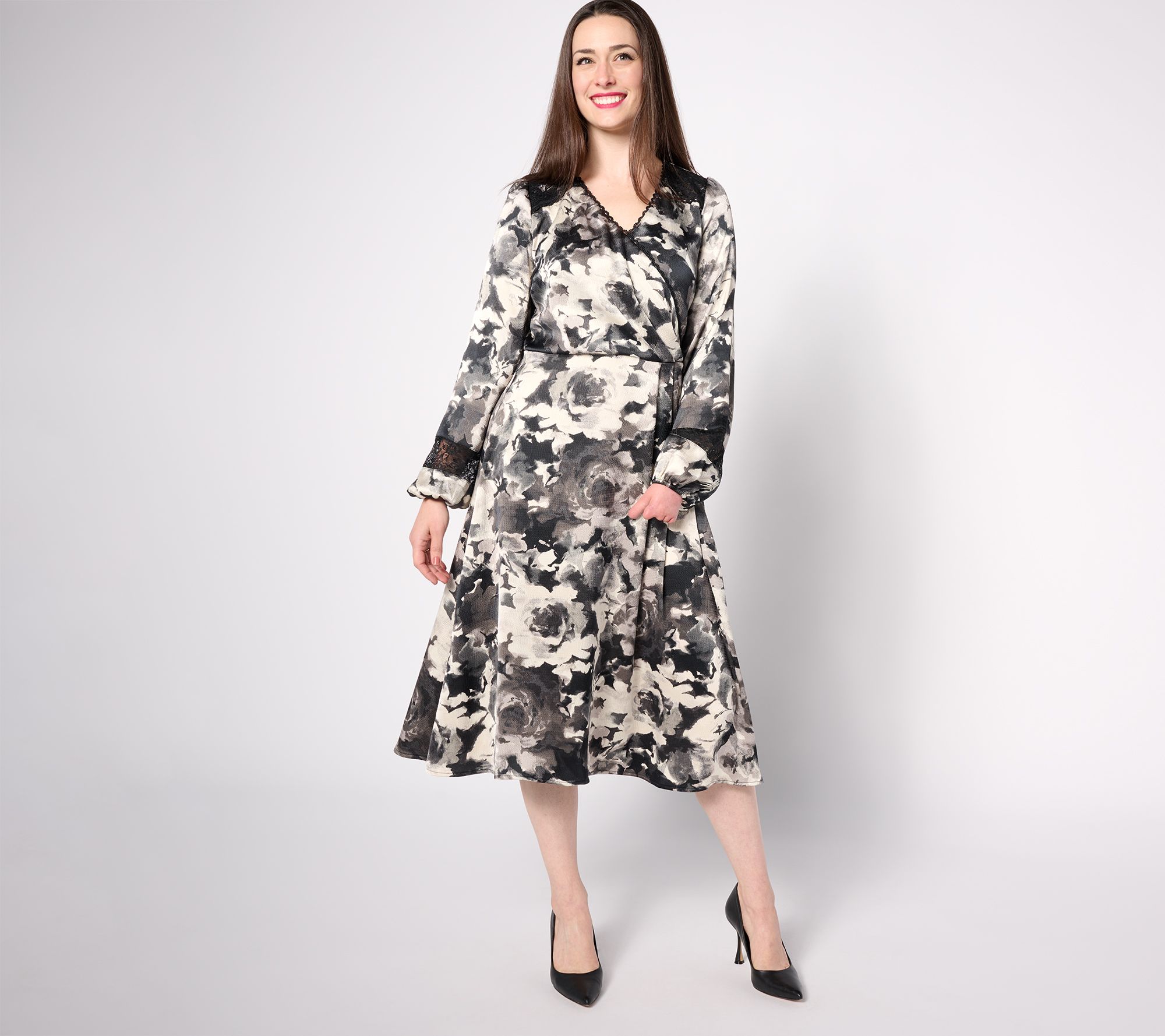 Isaac Mizrahi Live! Petite Floral Printed Ruched Long Sleeve Dress