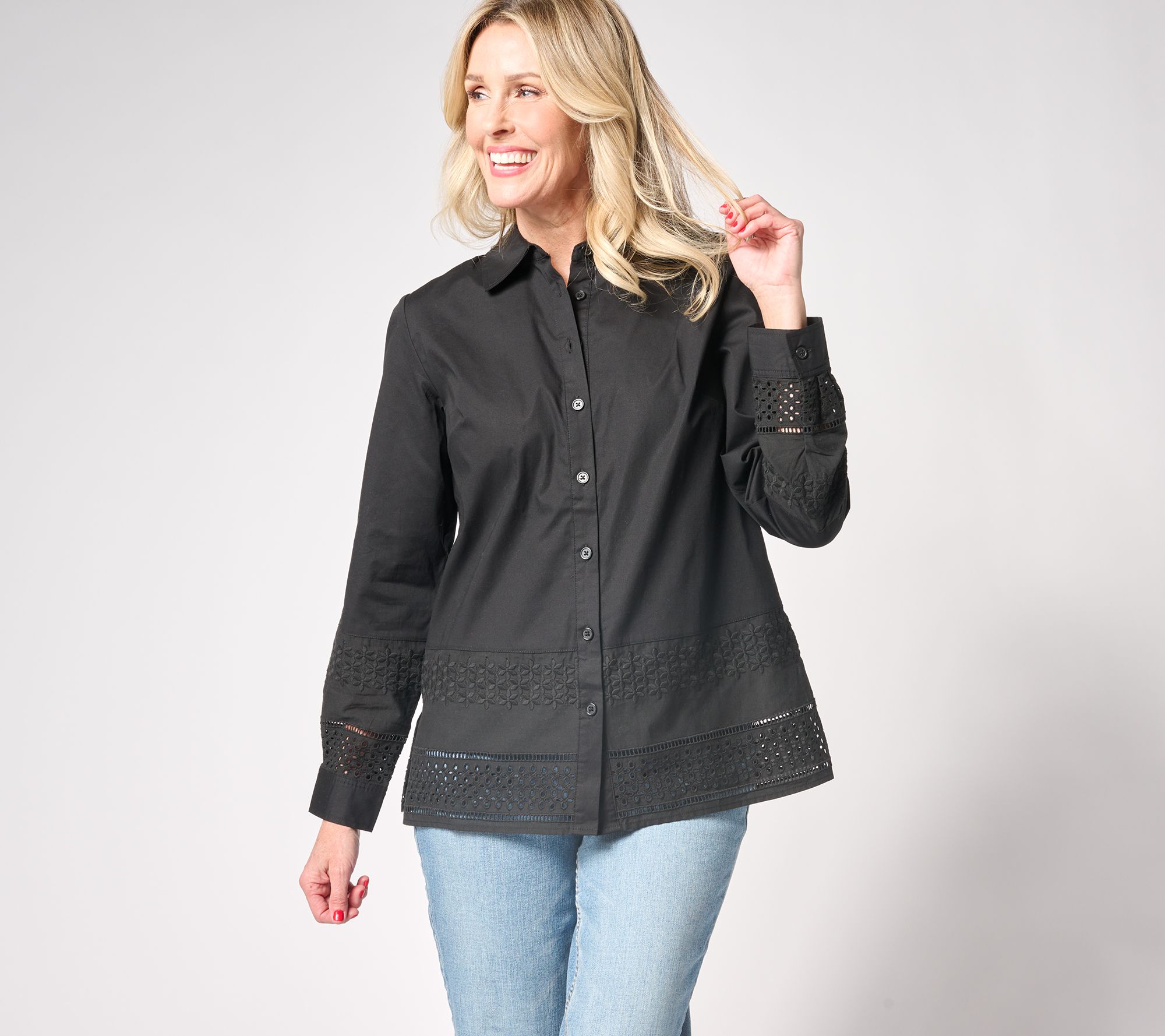 Susan Graver Regular Knit Velvet Button Front Long Sleeve Shirt 