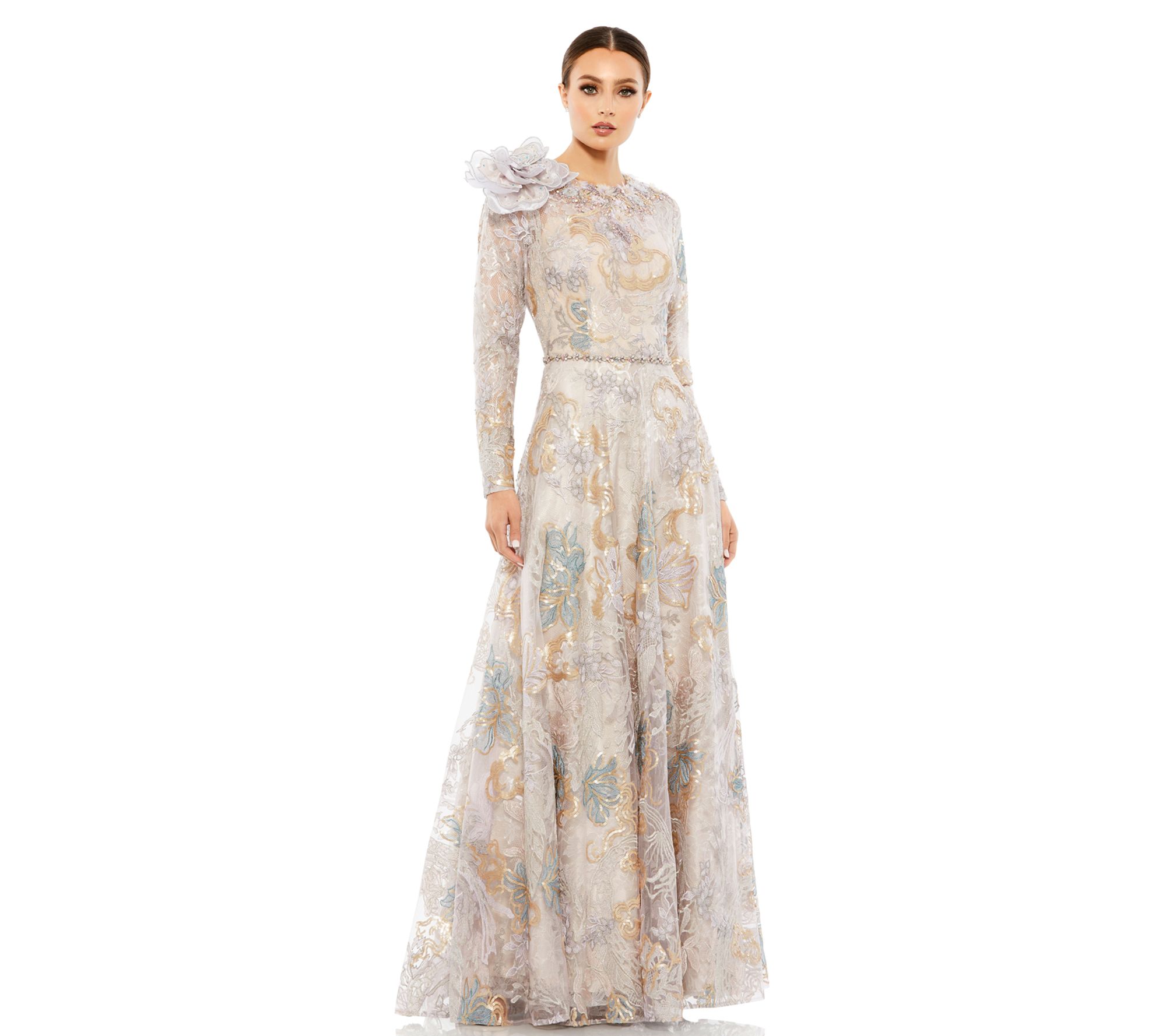 Mac Duggal Embellished Long Sleeve Rose Applique Dress - QVC.com