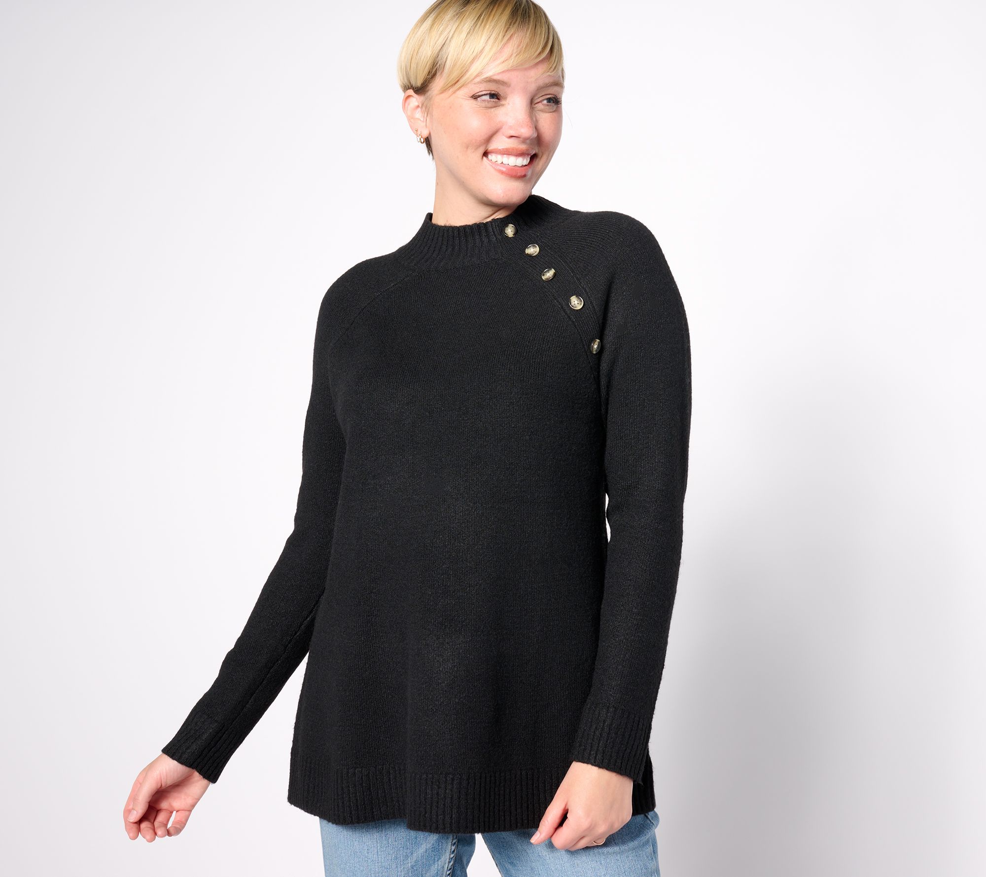 "As Is" Denim & Co. Petite Tunic Sweater Pullover with Button Detail