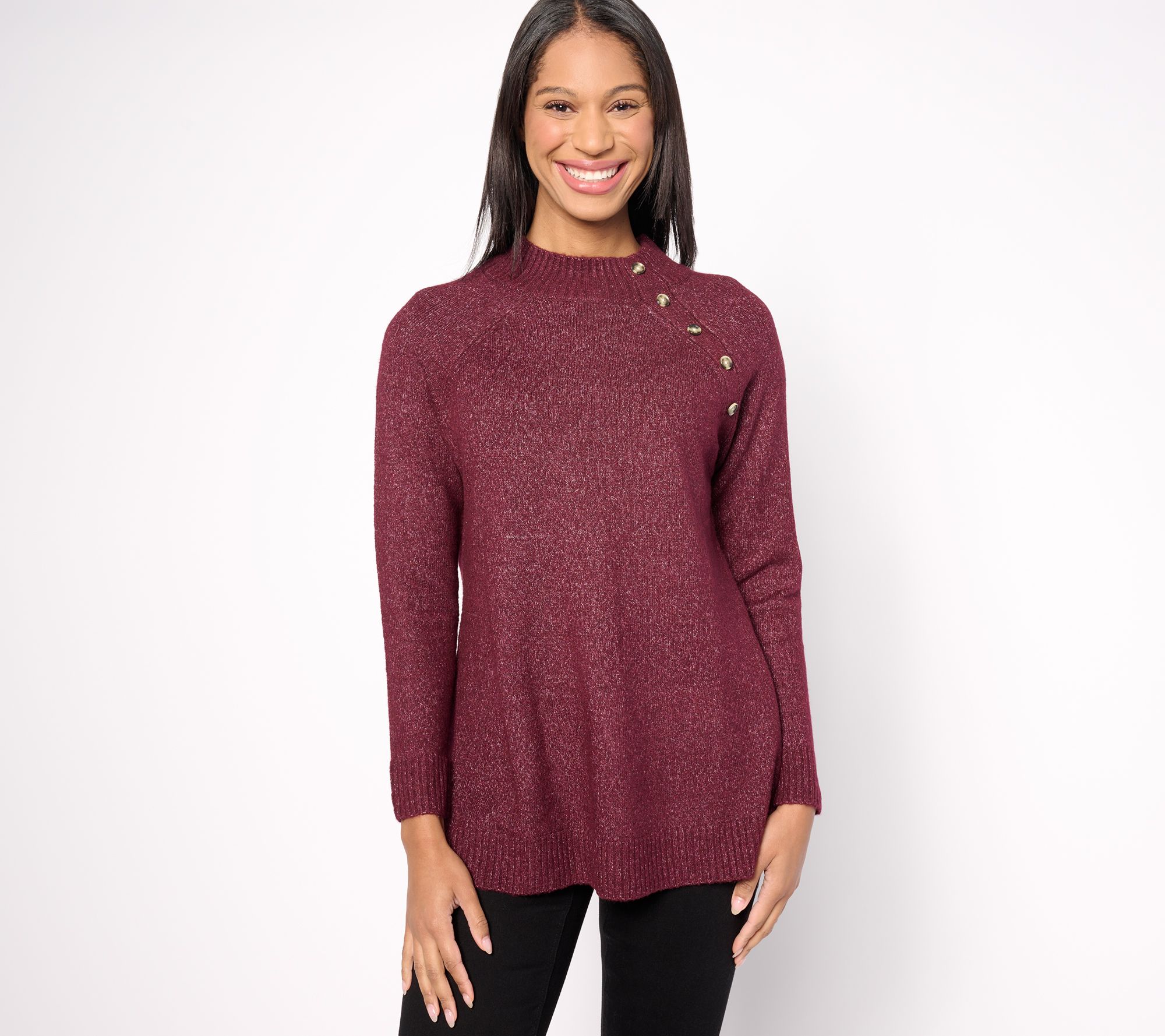 "As Is" Denim & Co. Petite Tunic Sweater Pullover with Button Detail