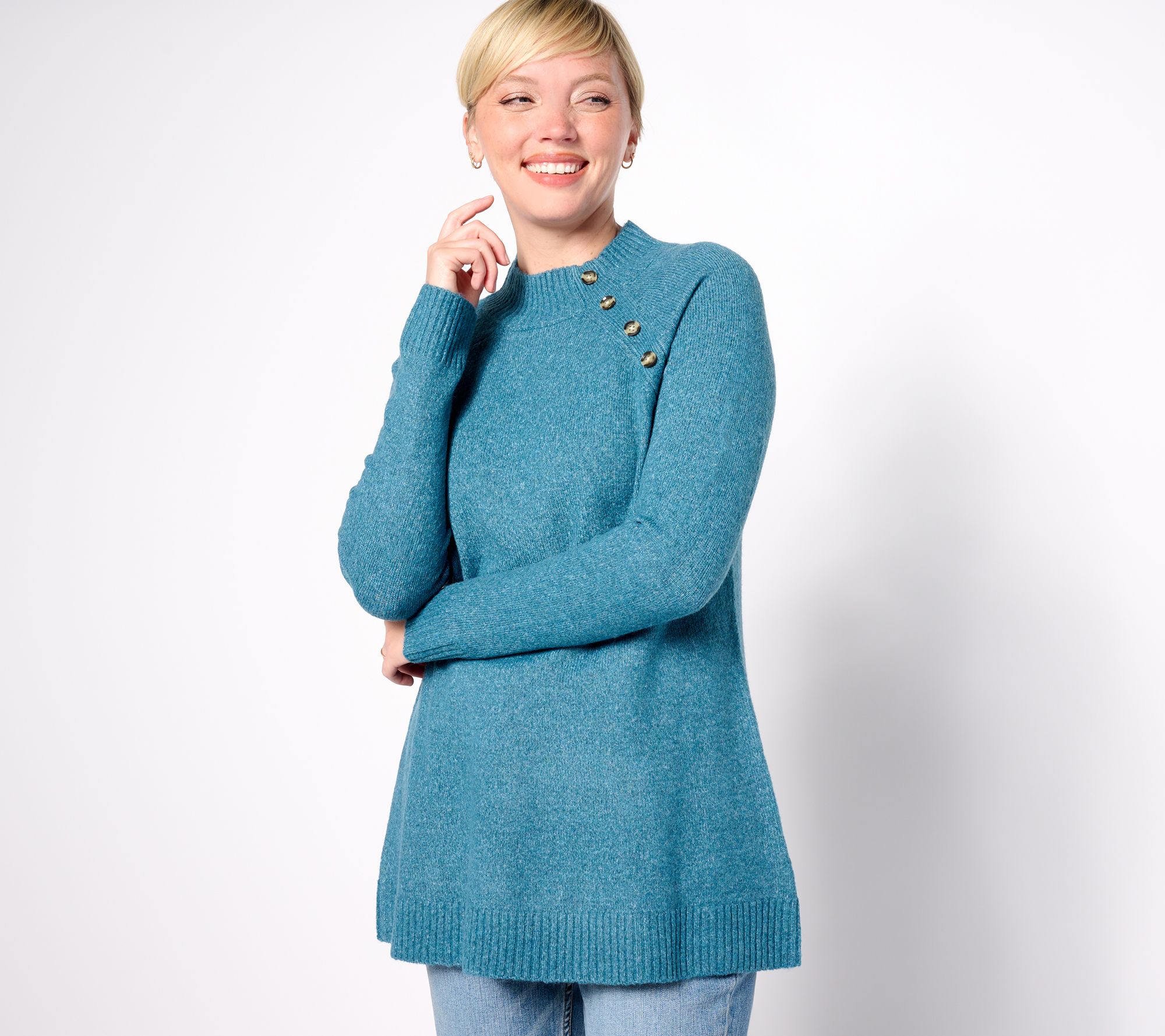 "As Is" Denim & Co. Petite Tunic Sweater Pullover with Button Detail