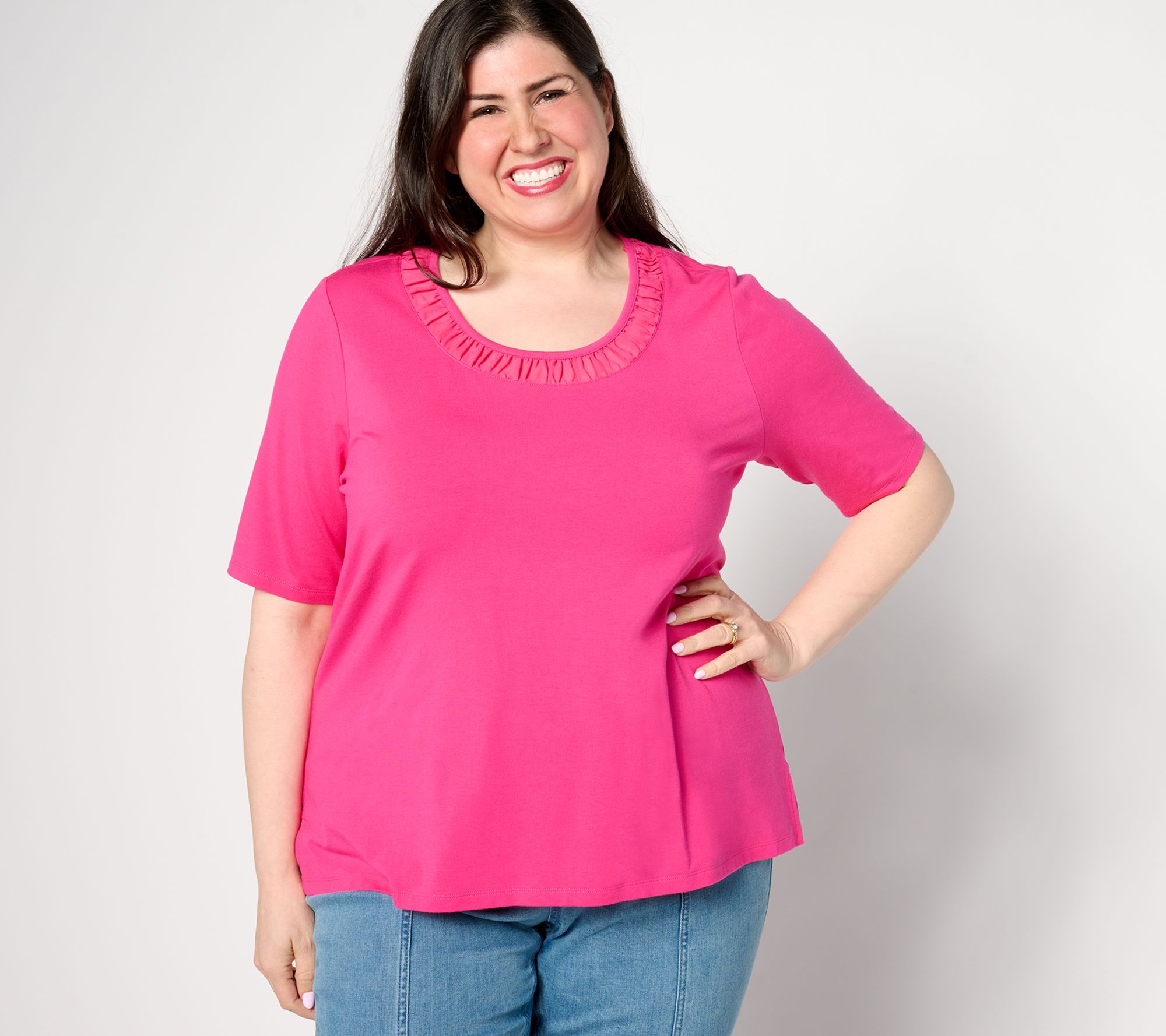 "As Is" Isaac Mizrahi Live! Elbow Sleeve Top with Chiffon Trim