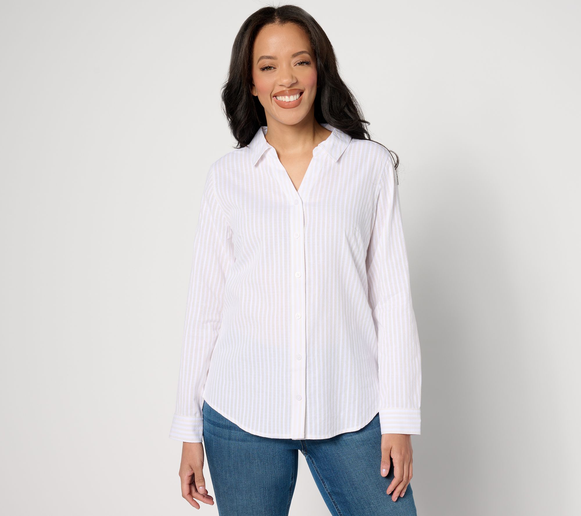"As Is" Denim & Co. Striped Cotton Button Down Long Sleeve Shirt