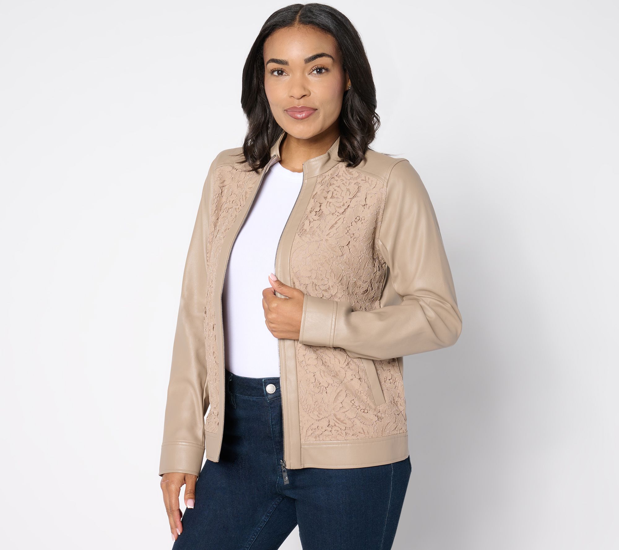 Belle by Kim Gravel Faux Leather & Lace Zip-Up Jacket