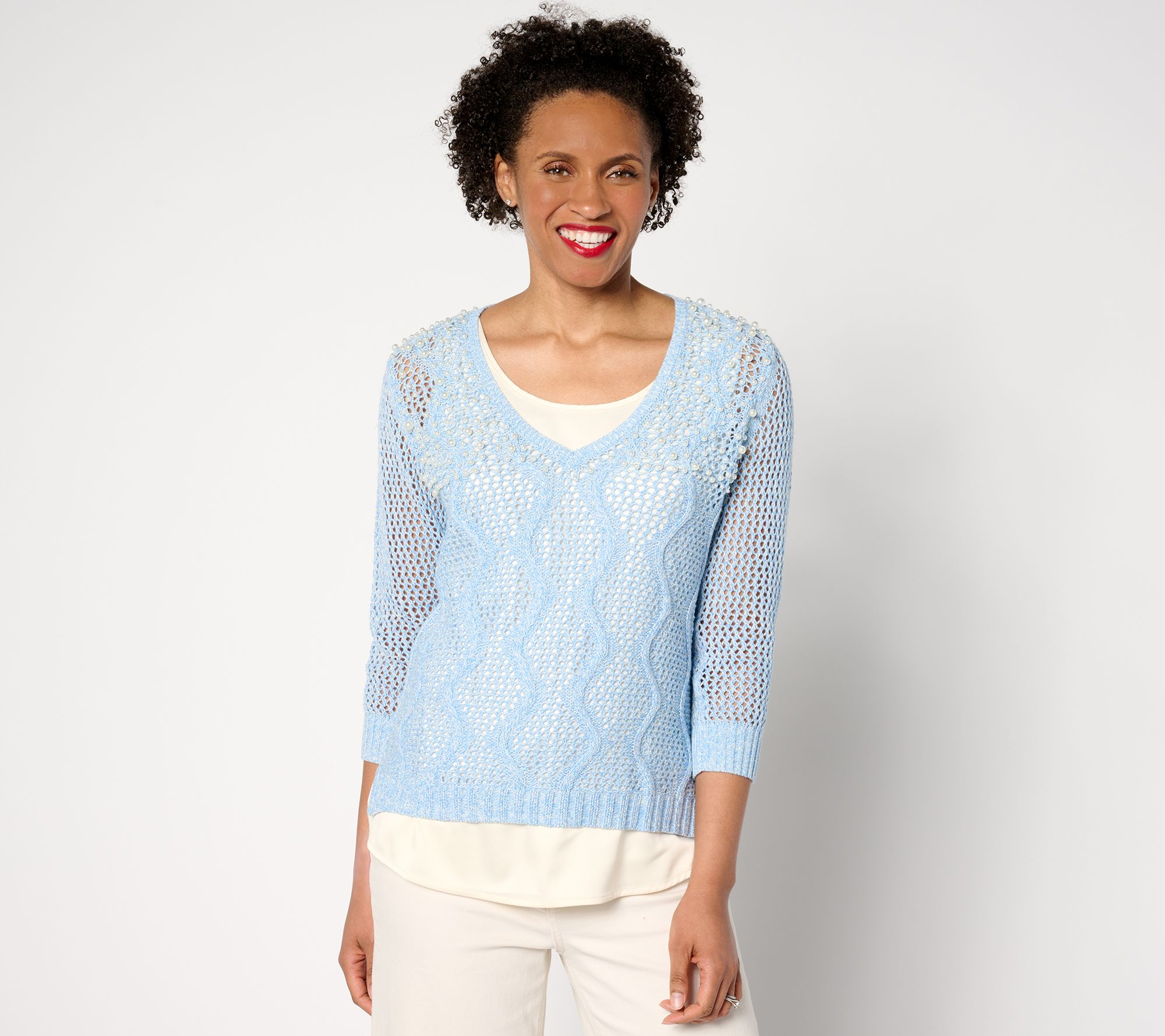 "As Is" Isaac Mizrahi Live! Wavy Mesh and Charmeuse Twofer Sweater