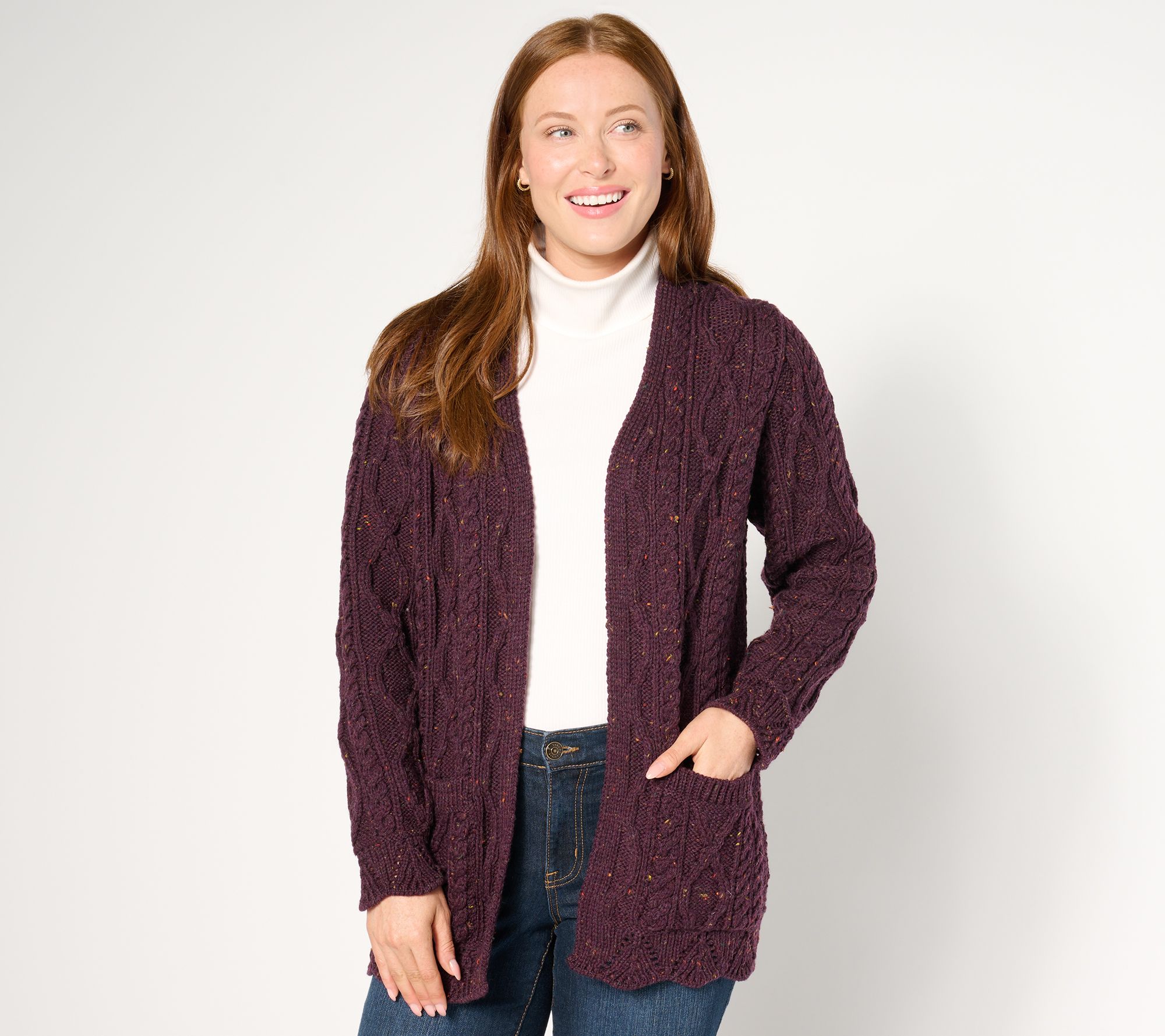  Aran Craft Merino Wool Open Front Cardigan with Scalloped Trim - A670665