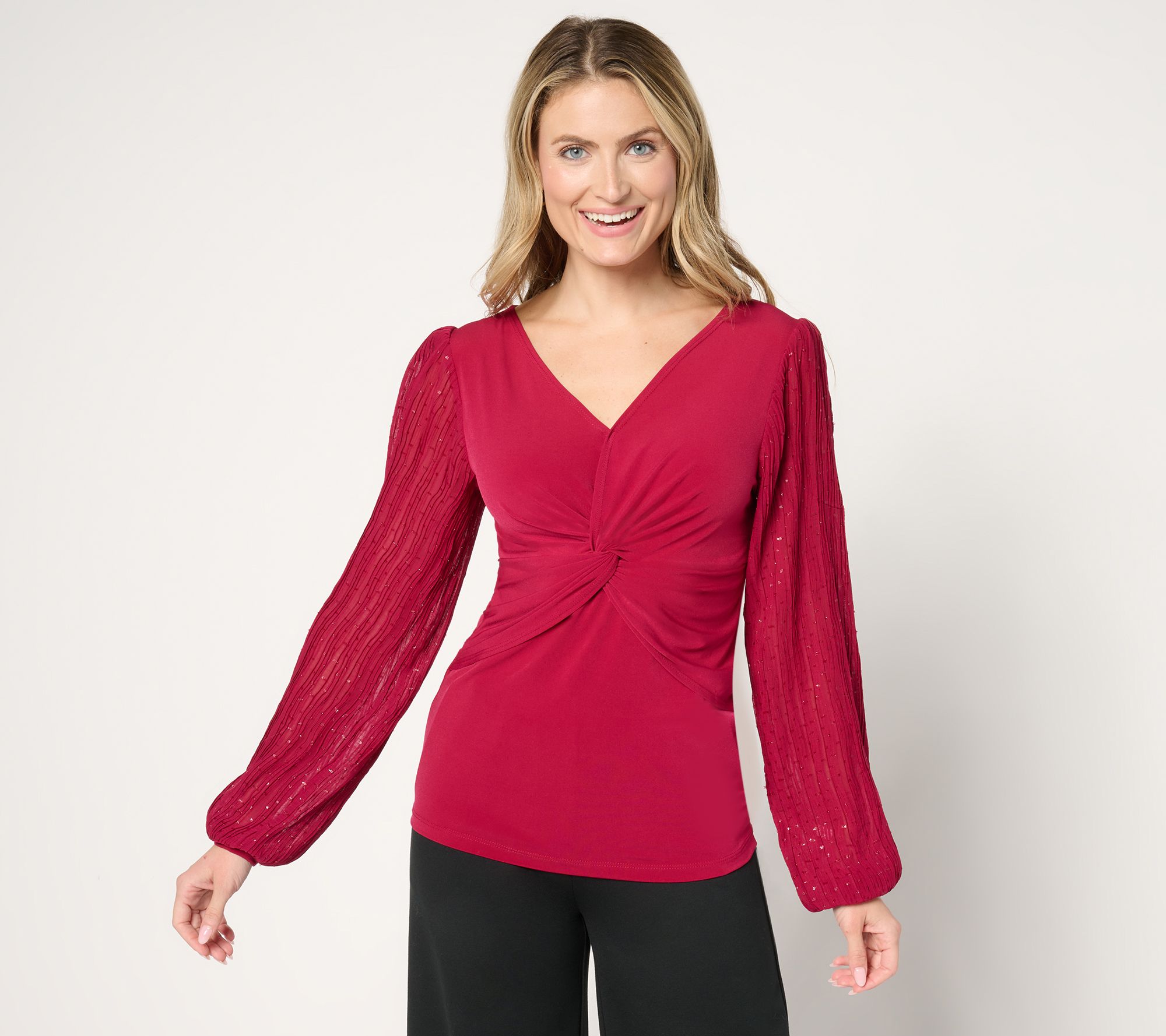 Susan Graver Occasions Liquid Knit Twist-Front Top w/Pleat Sleeves