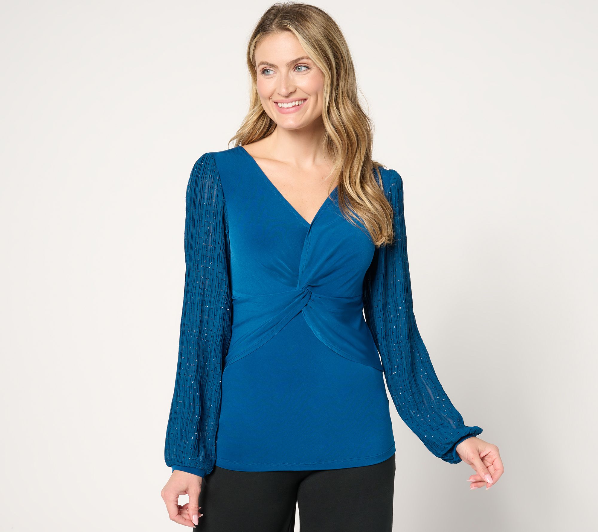 Susan Graver Occasions Liquid Knit Twist-Front Top w/Pleat Sleeves