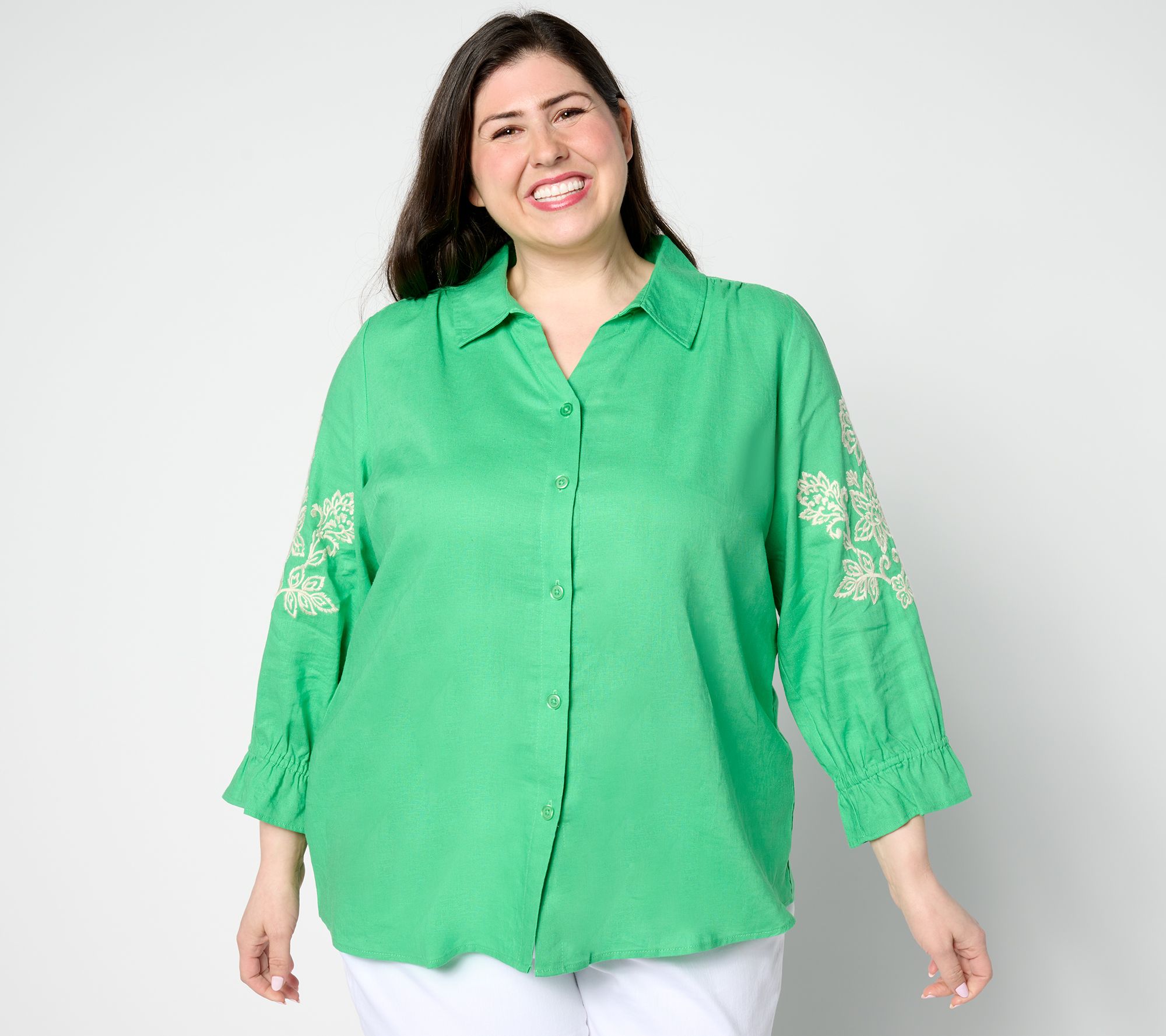 "As Is" Belle by Kim Gravel Linen Rayon Embroidered Sleeve Blouse