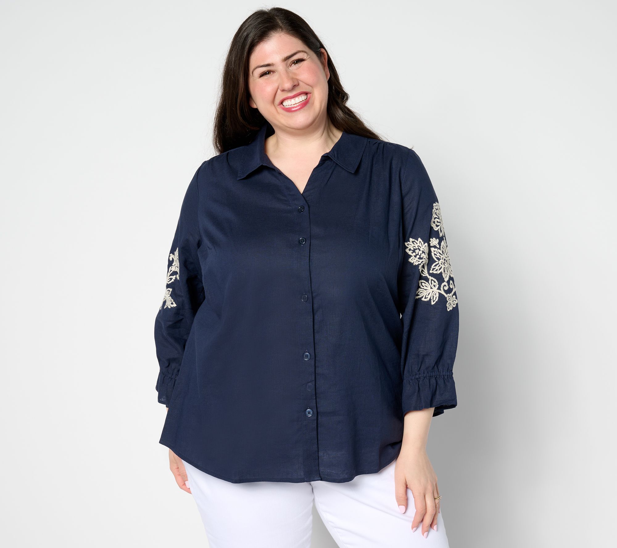 "As Is" Belle by Kim Gravel Linen Rayon Embroidered Sleeve Blouse