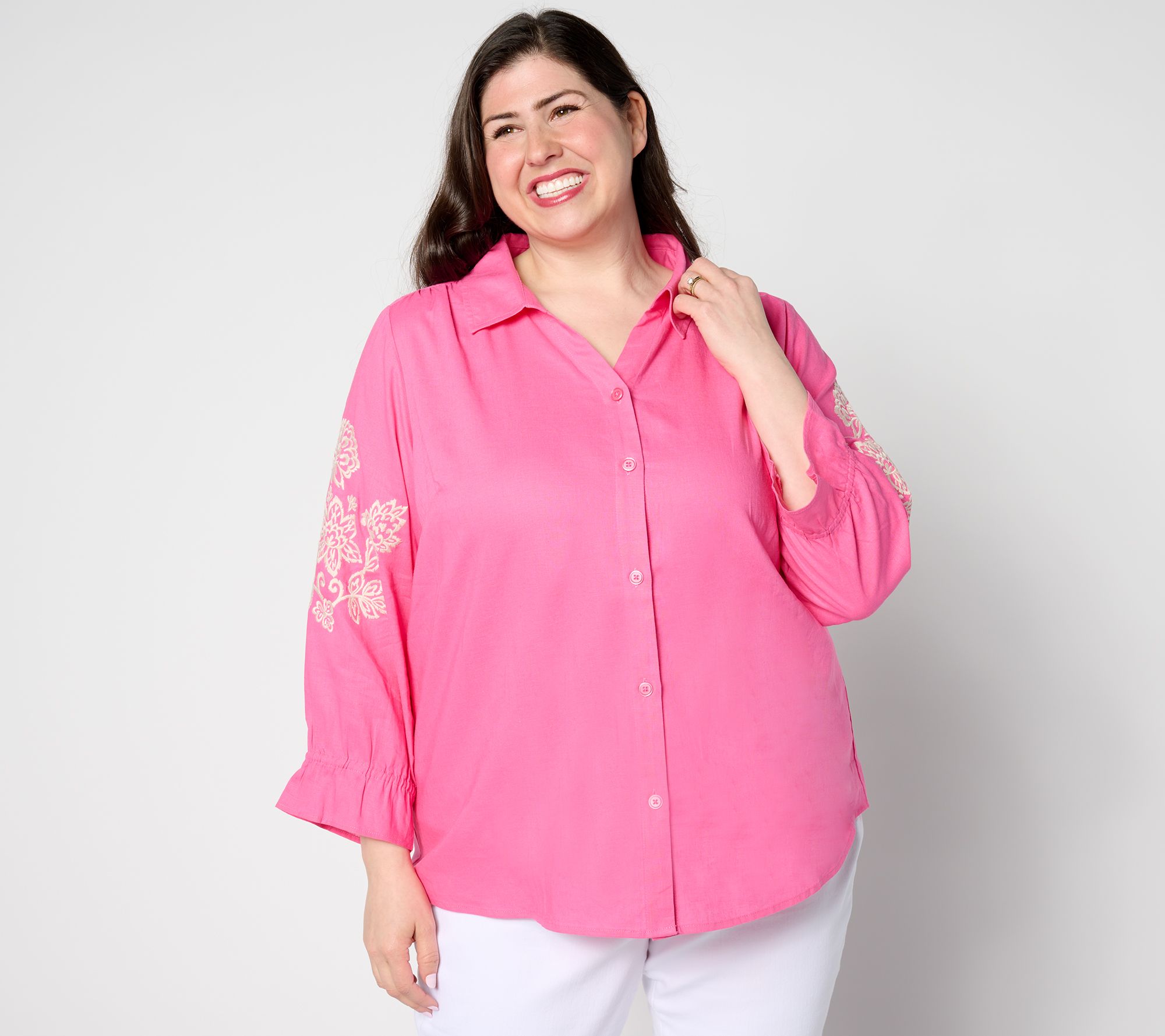"As Is" Belle by Kim Gravel Linen Rayon Embroidered Sleeve Blouse
