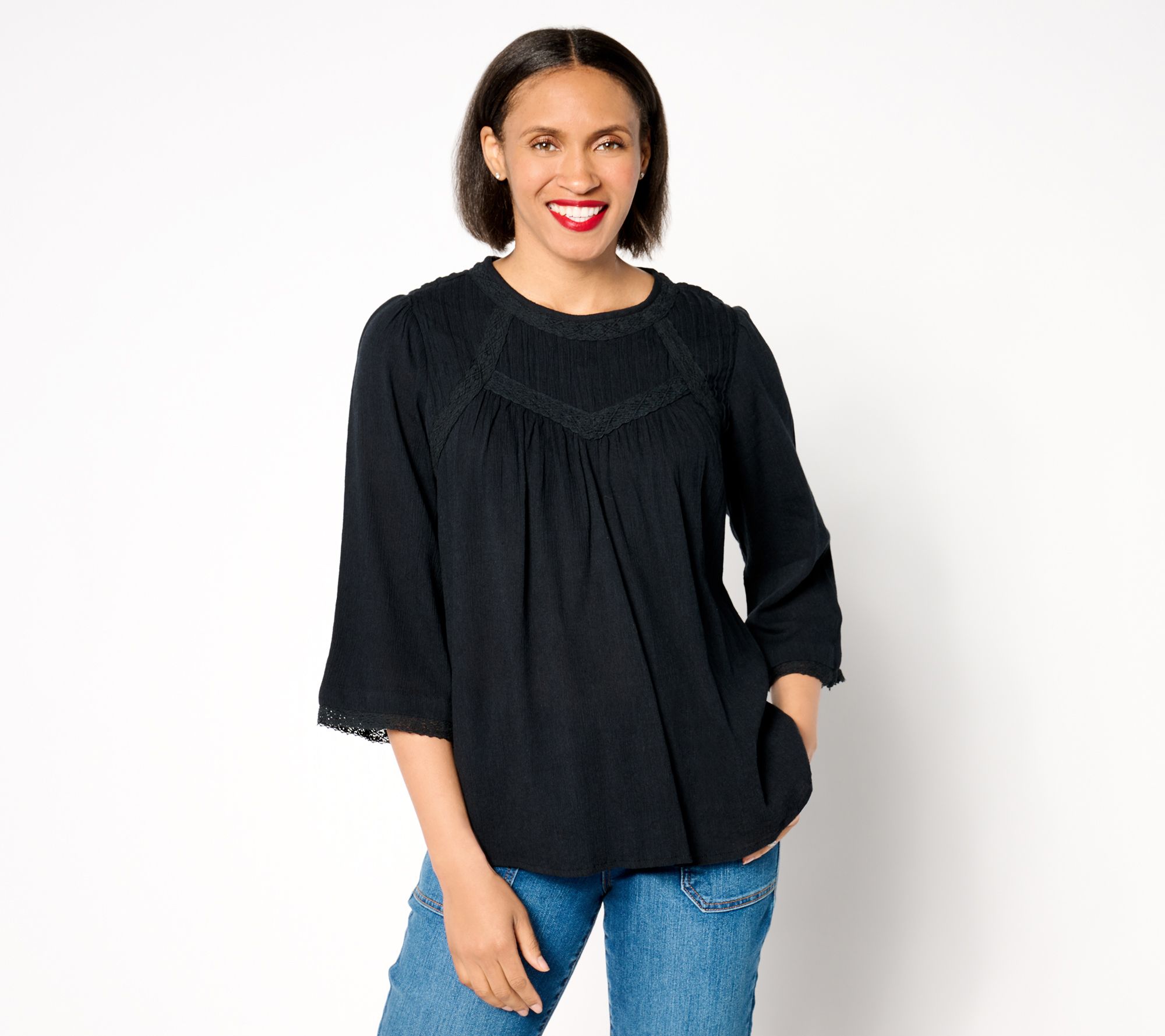 "As Is" LOGO b Lavish by Lori Goldstein 3/4 Sleeve Lace Trim Blouse