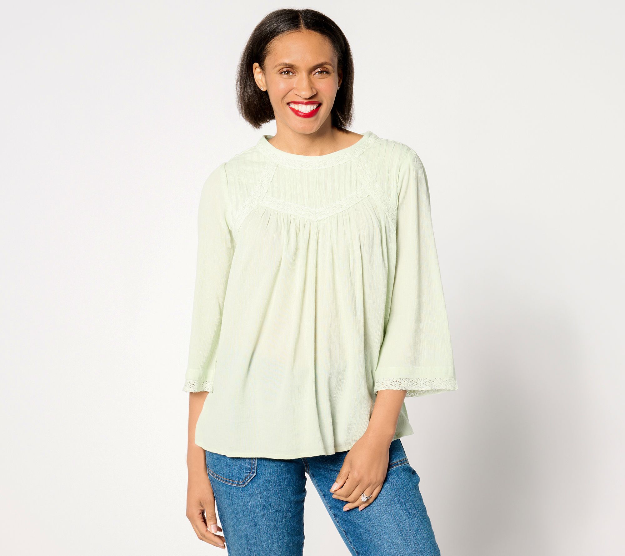 "As Is" LOGO b Lavish by Lori Goldstein 3/4 Sleeve Lace Trim Blouse