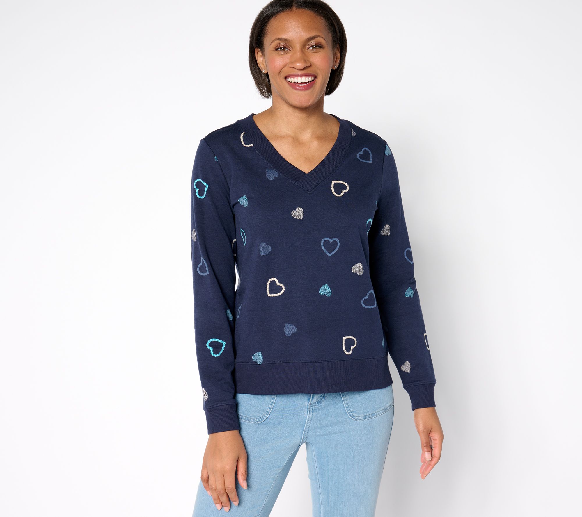 AnyBody Cozy Knit French Terry Heart Printed Pullover