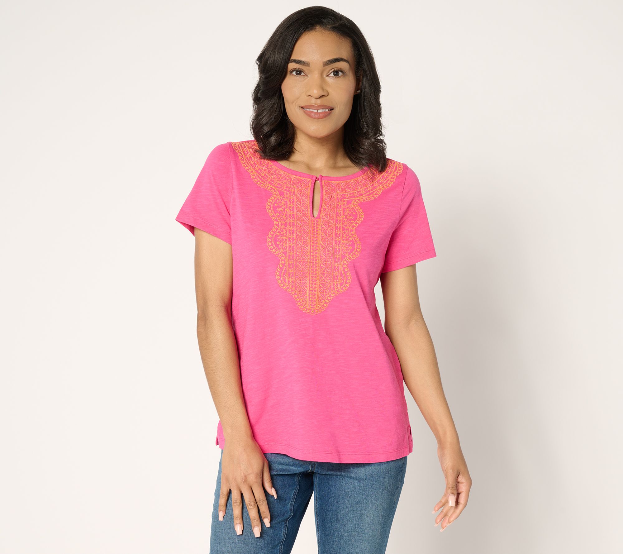 Susan Graver Textured Cotton Embroidered Top