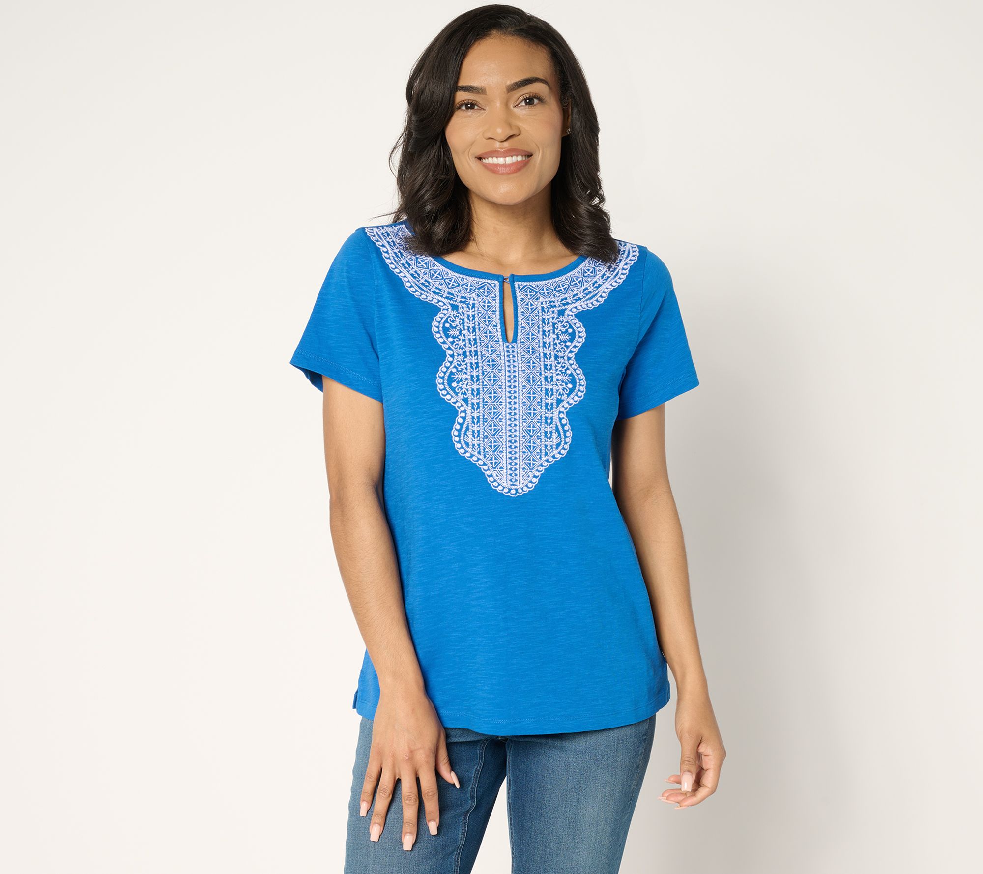 Susan Graver Textured Cotton Embroidered Top